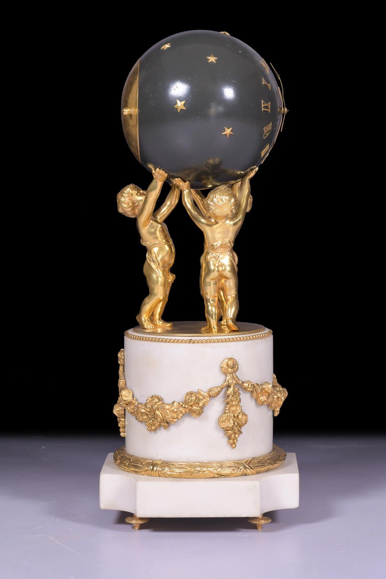 Ormolu Antique 19th Century French Marble Figural Globe Clock by Vincenti et Cie For Sale