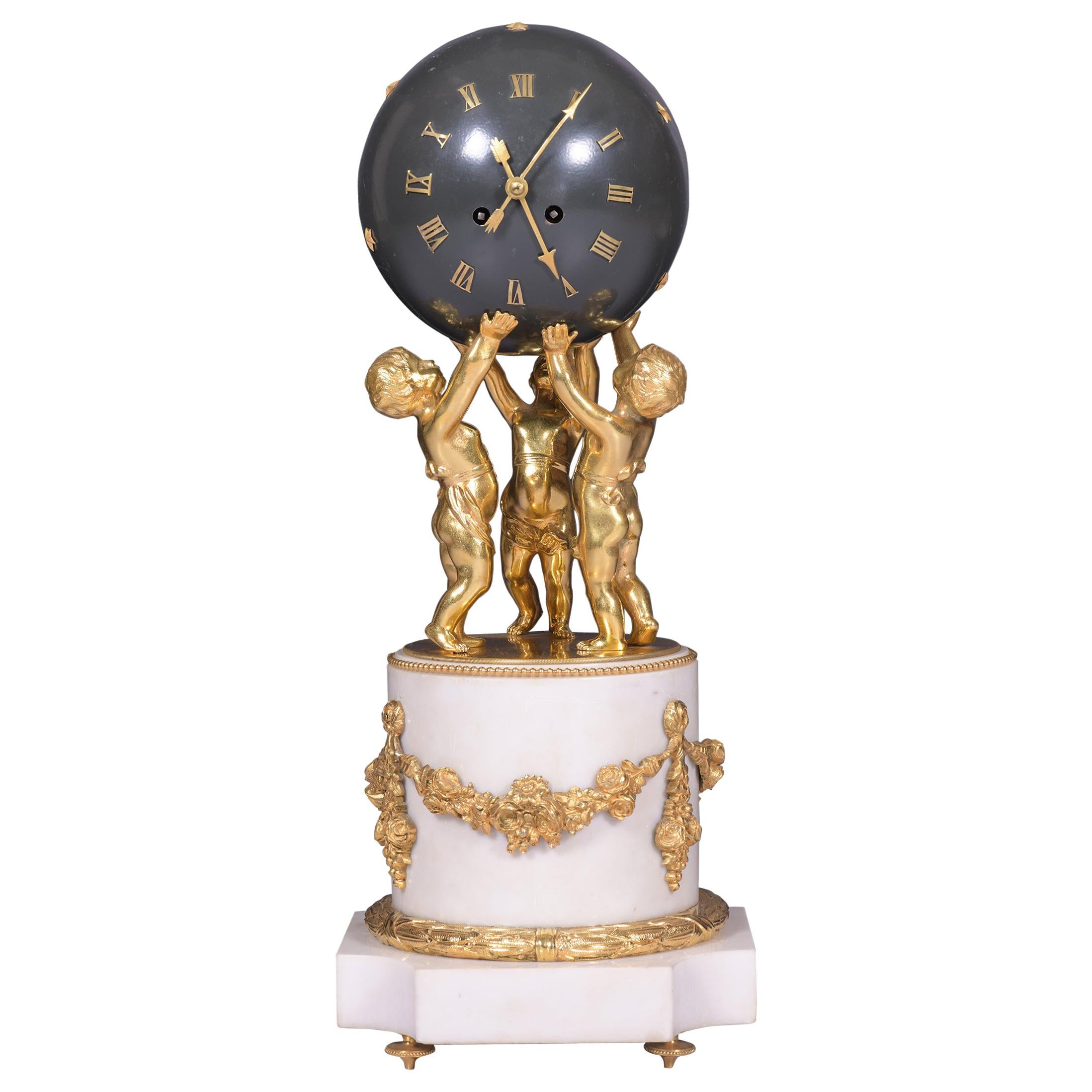Antique 19th Century French Marble Figural Globe Clock by Vincenti et Cie