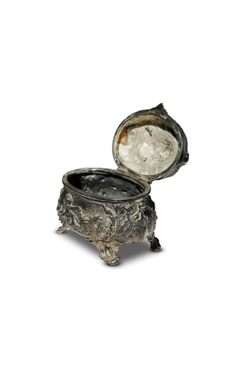 This 19th Century French metal jewelry box features enchanting cherub and bird motifs. Reflecting the ornate elegance of the era, it captures the essence of French decorative arts. This jewelry box showcases the craftsmanship and artistry of the
