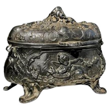 Antique 19th Century French Metal Jewelry Box with Cherub and Birds