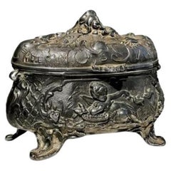Used 19th Century French Metal Jewelry Box with Cherub and Birds