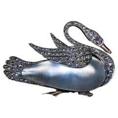 Antique 19th Century French Mother of Pearl Diamond Swan Brooch