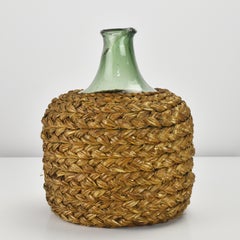 Antique 19th Century French Mouth Blown Glass Wine Bottle Straw Basket Caged