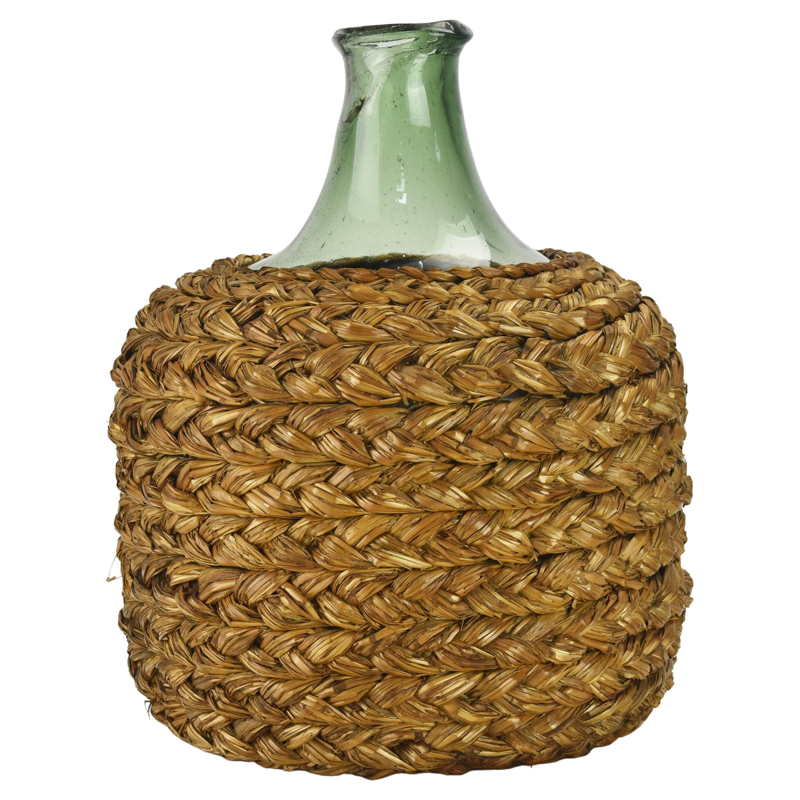 Antique 19th Century French Mouth Blown Glass Wine Bottle Straw Basket Caged For Sale