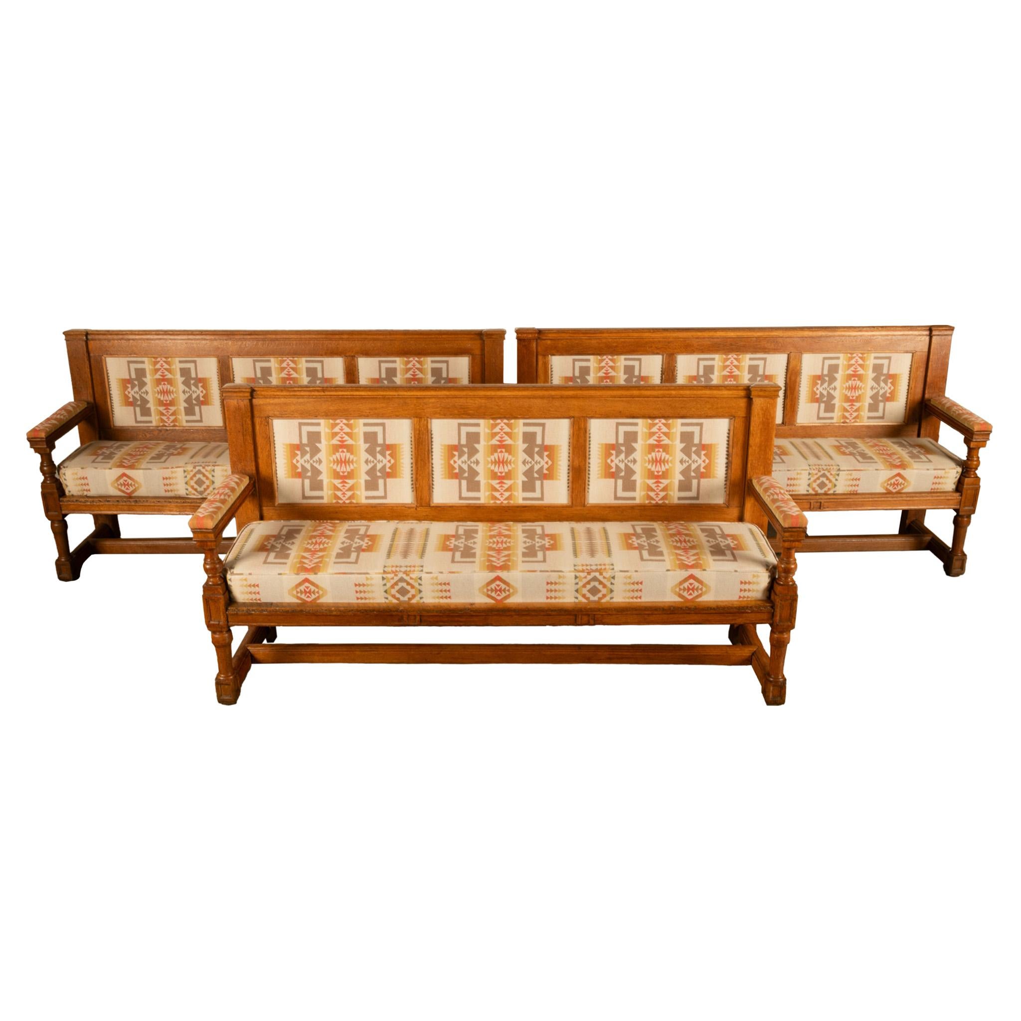 Antique Banc en chêne français du 19ème siècle Pendleton Chief Joseph Fabric 1880 en vente 9
