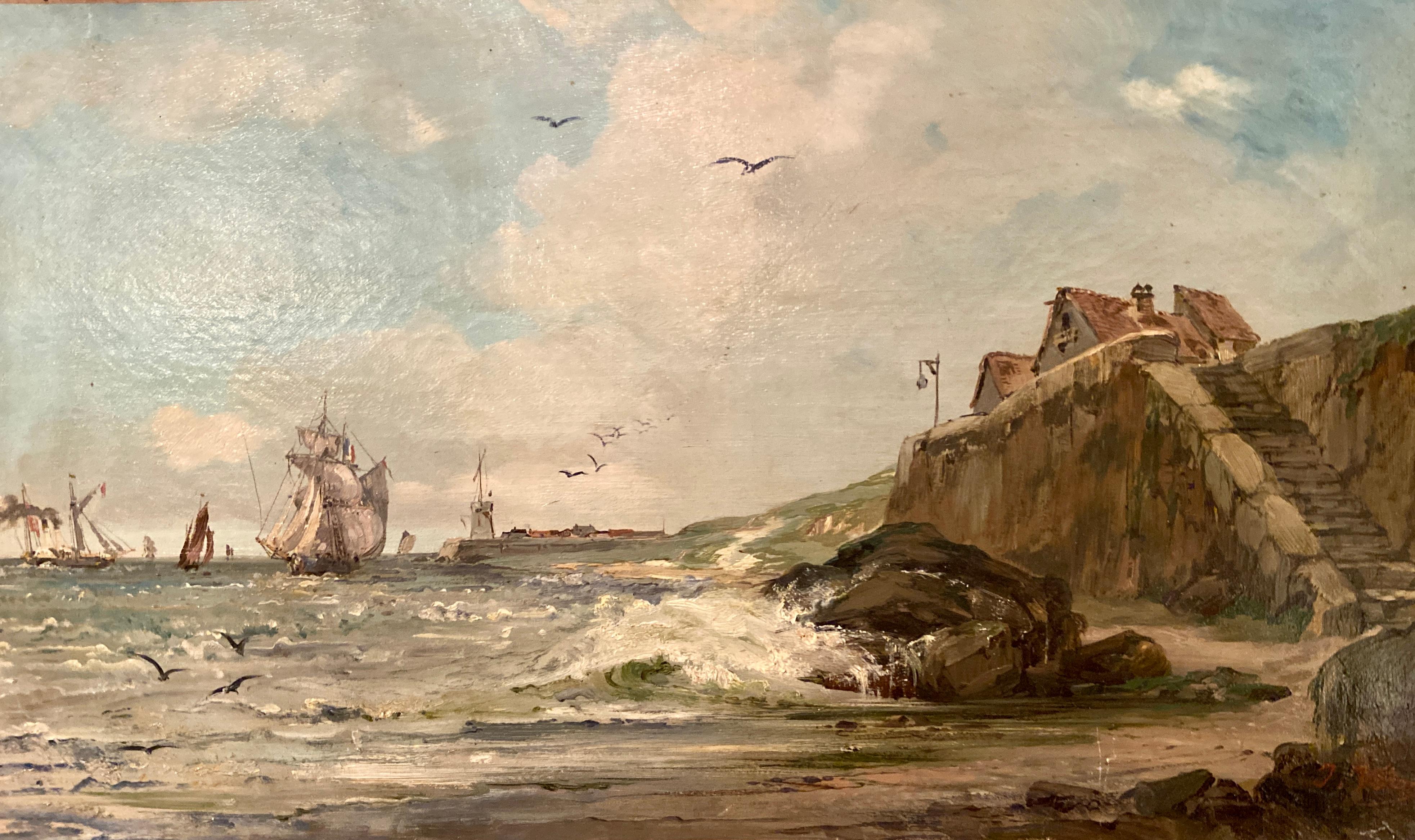 Antikes französisches Öl auf Leinwand aus dem 19. Jahrhundert, gerahmt, maritimes Gemälde.