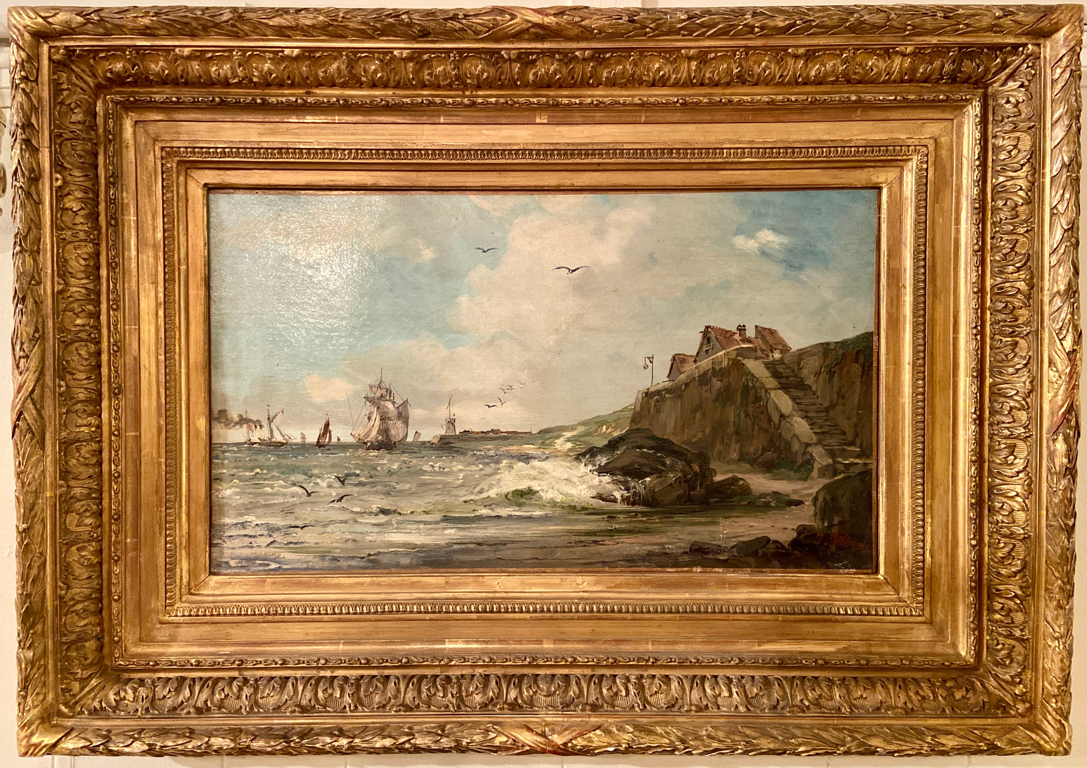 Antique 19th Century French Oil on Canvas Framed Maritime Painting
