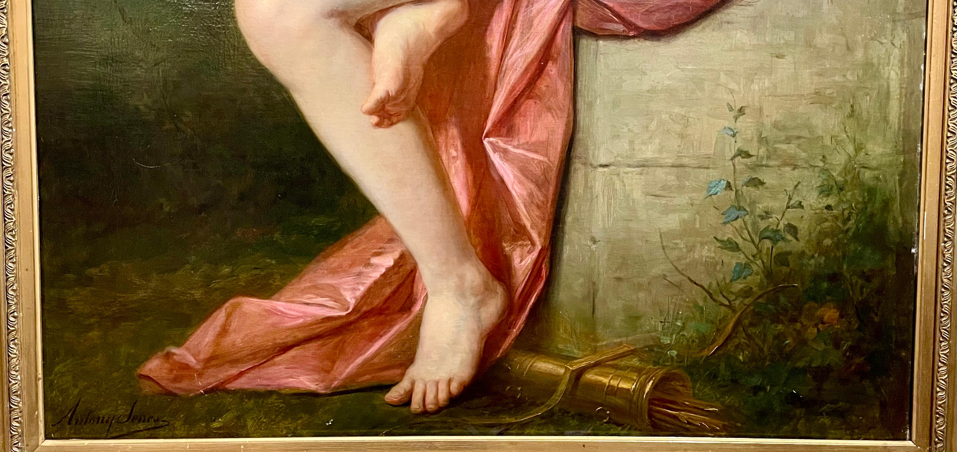 Antique French 19. Jahrhundert Öl auf Leinwand Gemälde von A. Serres, Venus & Amor. im Zustand „Gut“ im Angebot in New Orleans, LA