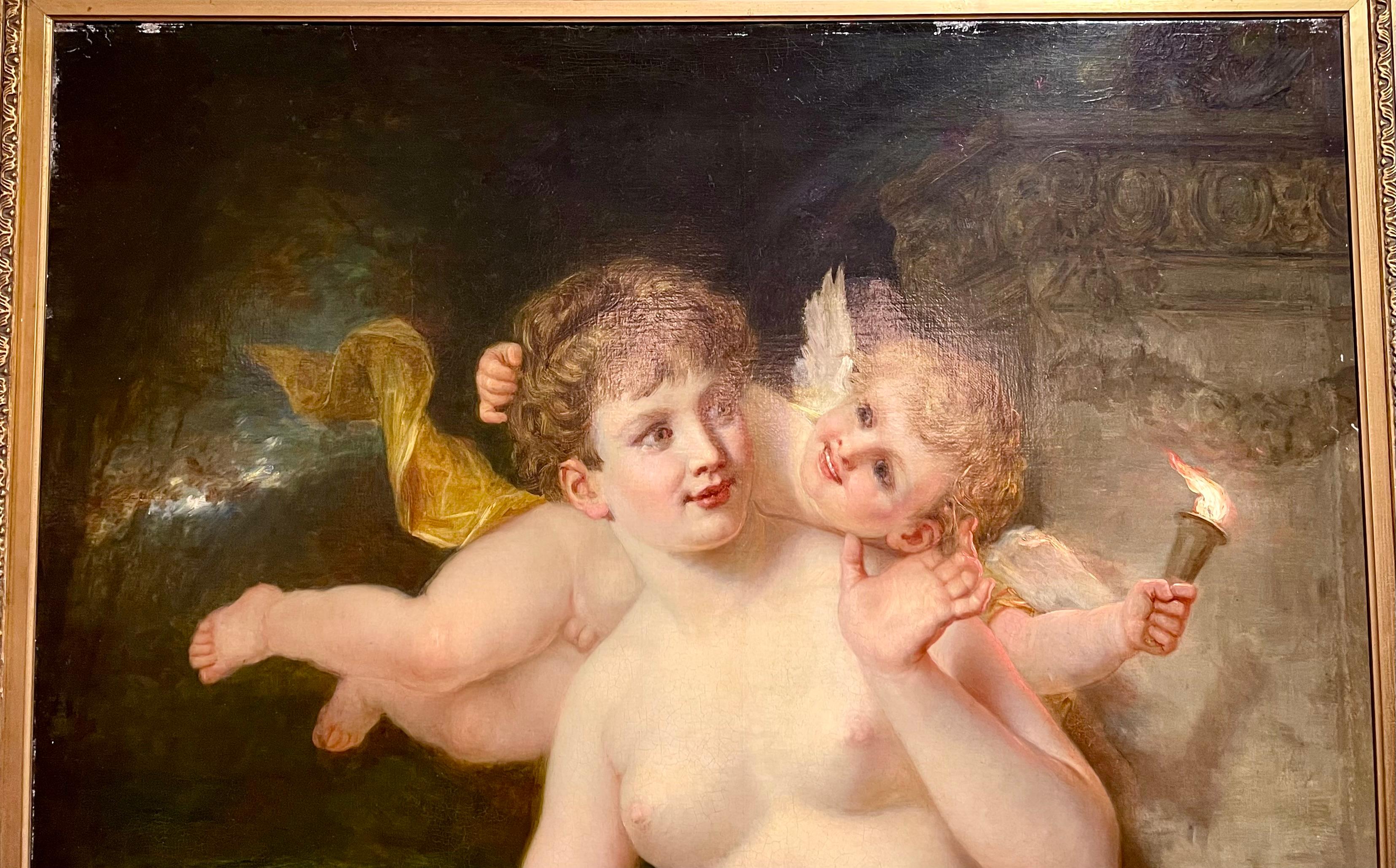 Antique French 19. Jahrhundert Öl auf Leinwand Gemälde von A. Serres, Venus & Amor. im Angebot 2