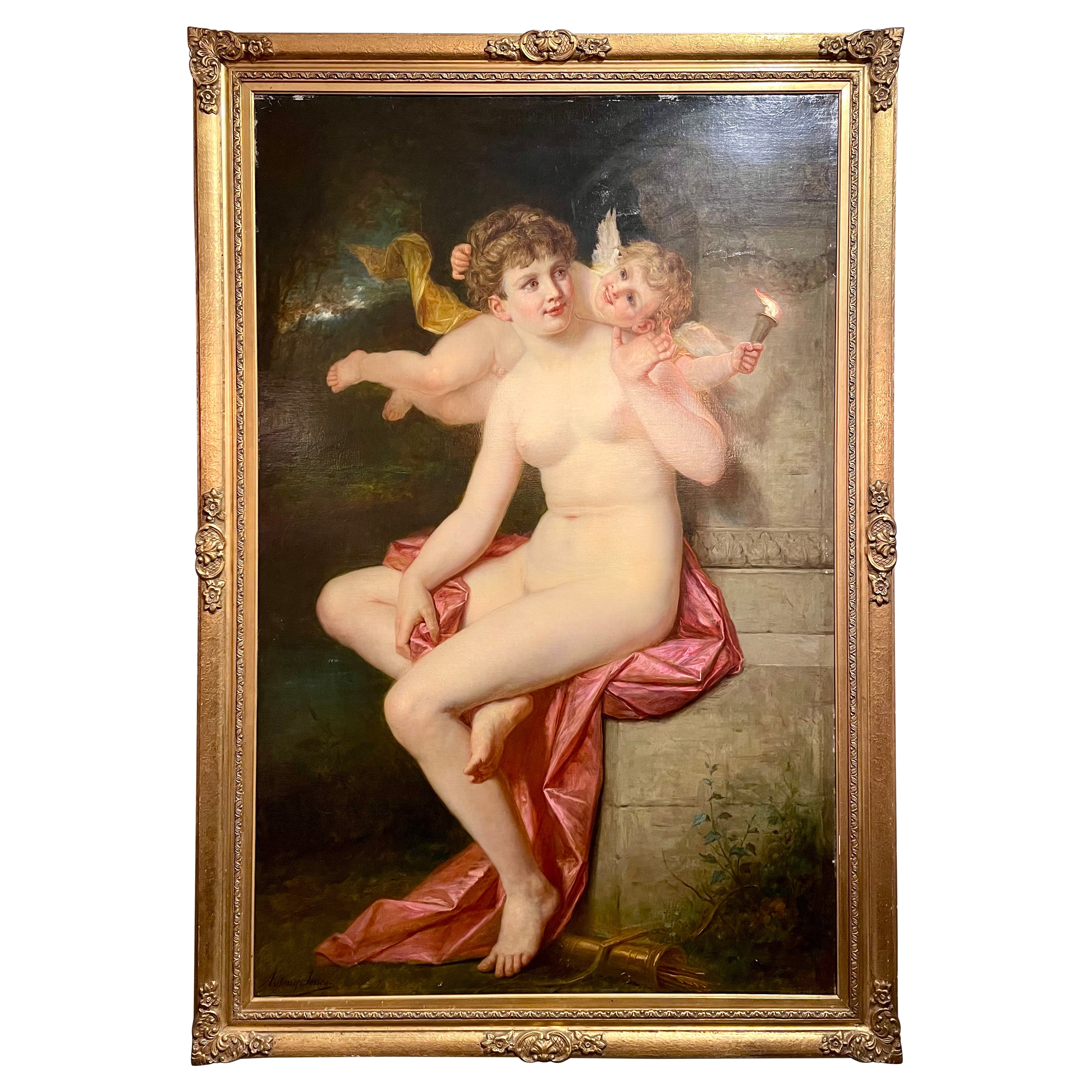Antique French 19. Jahrhundert Öl auf Leinwand Gemälde von A. Serres, Venus & Amor. im Angebot
