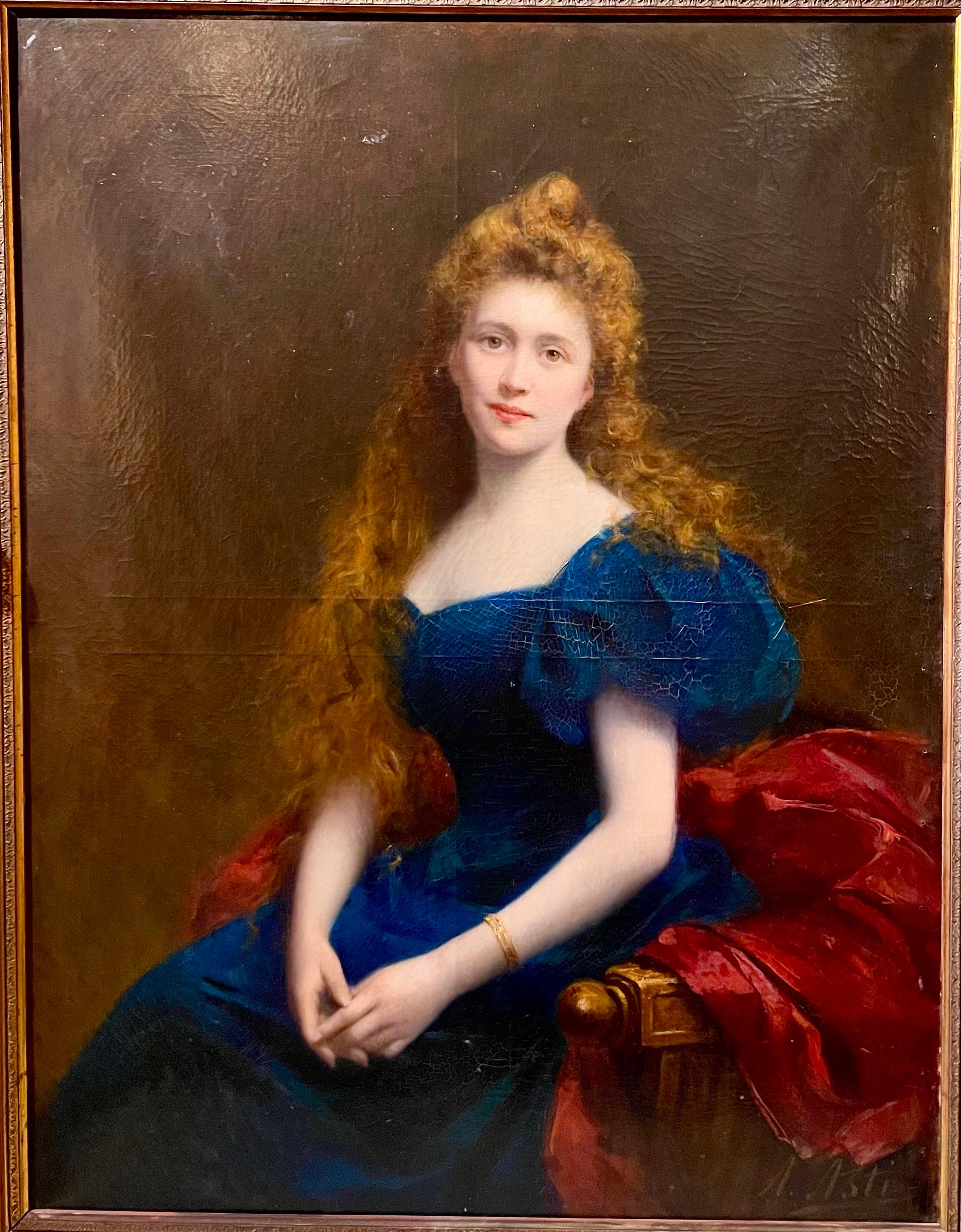 Antique 19th Century French Oil on Canvas Painting by Asti, Portrait einer Dame (Französisch) im Angebot