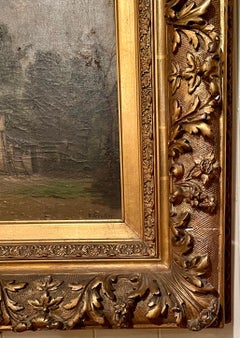 Antique 19th Century French Oil on Canvas Painting "Feeding the Chickens."