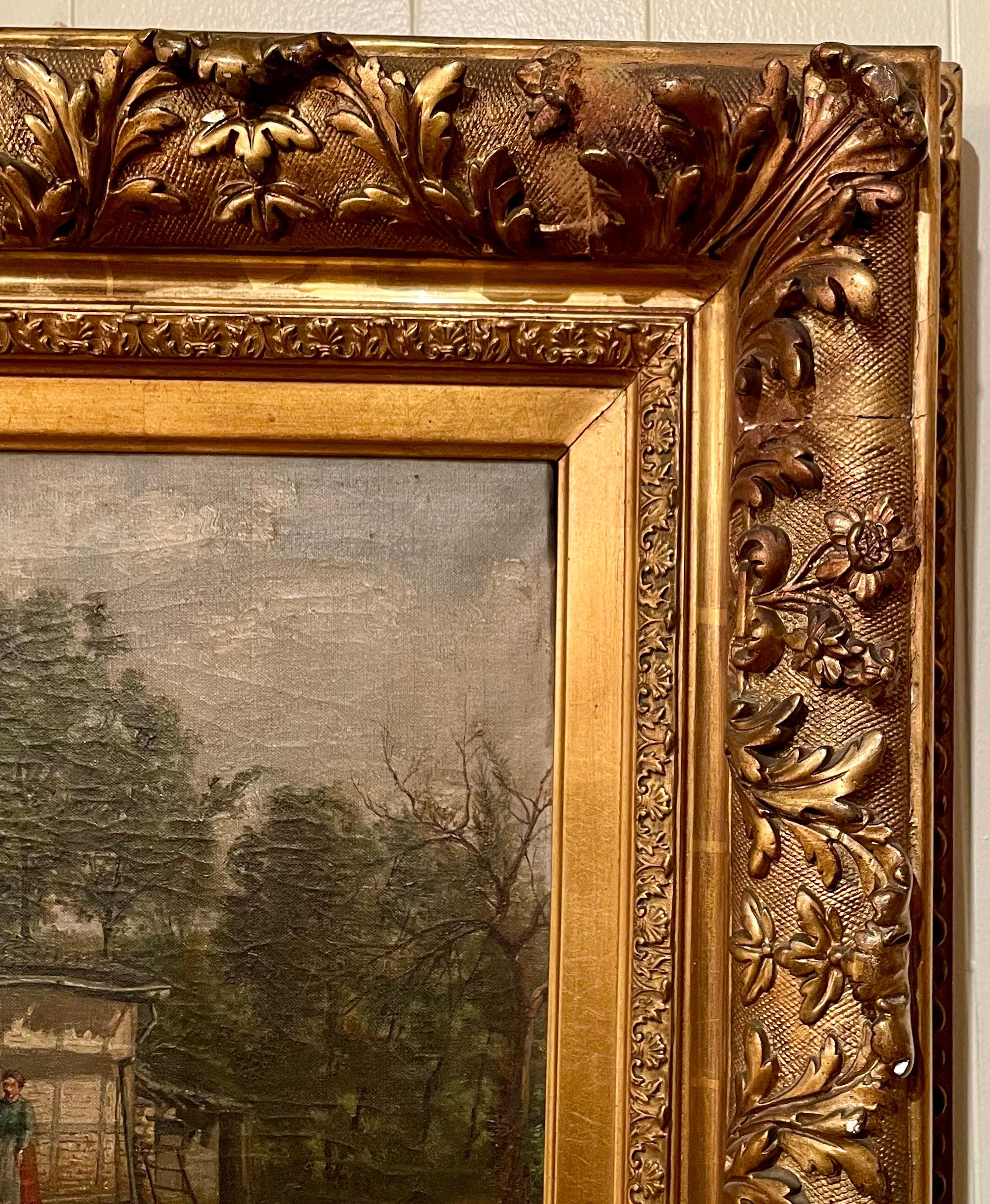 Wood Antique 19th Century French Oil on Canvas Painting 