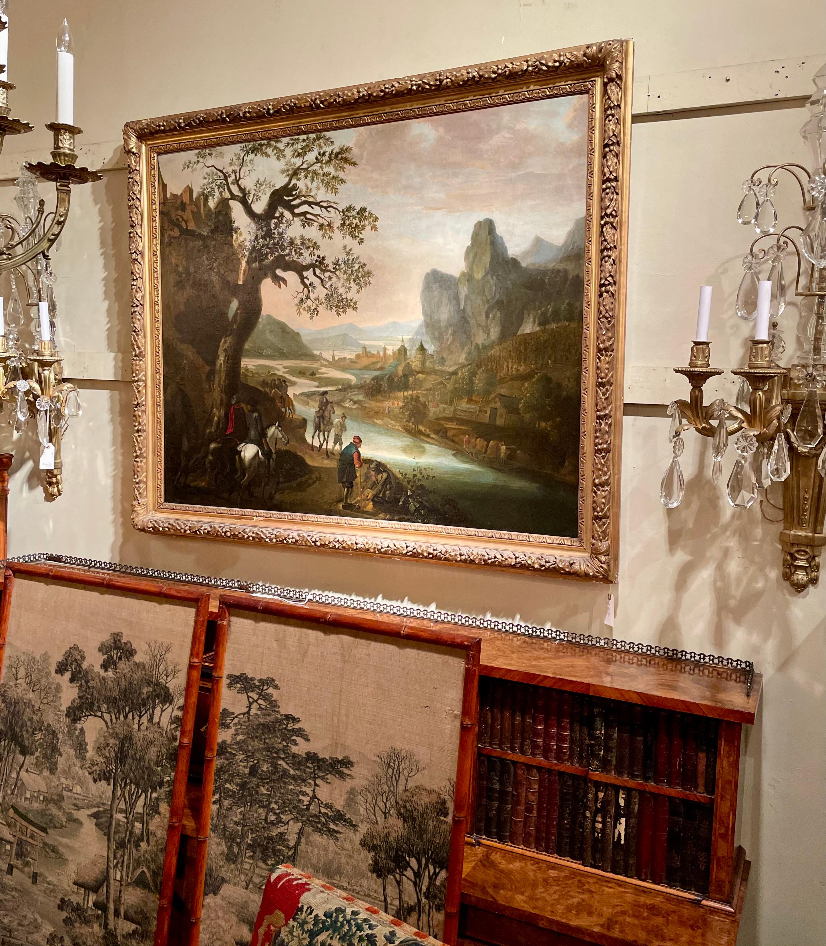 Antikes französisches Gemälde, Öl auf Leinwand, 19. Jahrhundert, Gemälde, mittelalterliche Straße vor dem Dorf im Zustand „Gut“ im Angebot in New Orleans, LA