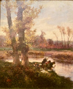 Antique 19th Century French Oil on Canvas, "Washing Clothes Along The Shore."