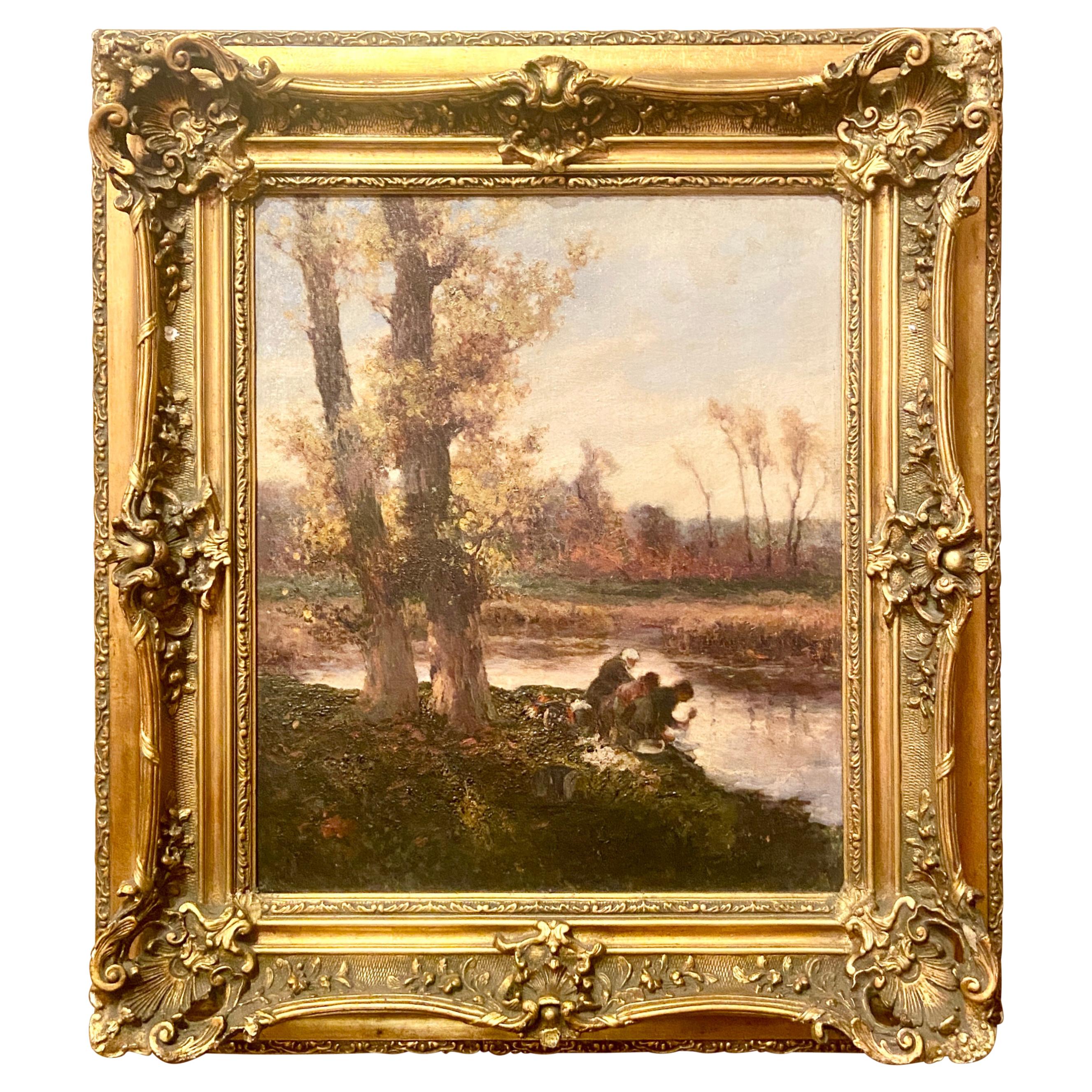 Antique 19th Century French Oil on Canvas, "Washing Clothes Along The Shore." For Sale
