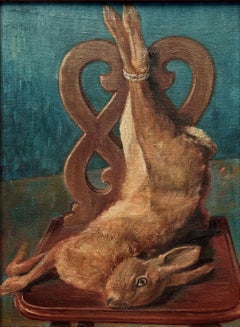 Peinture à l'huile française ancienne du XIXe siècle représentant un lièvre, signée par l'artiste, art de la chasse