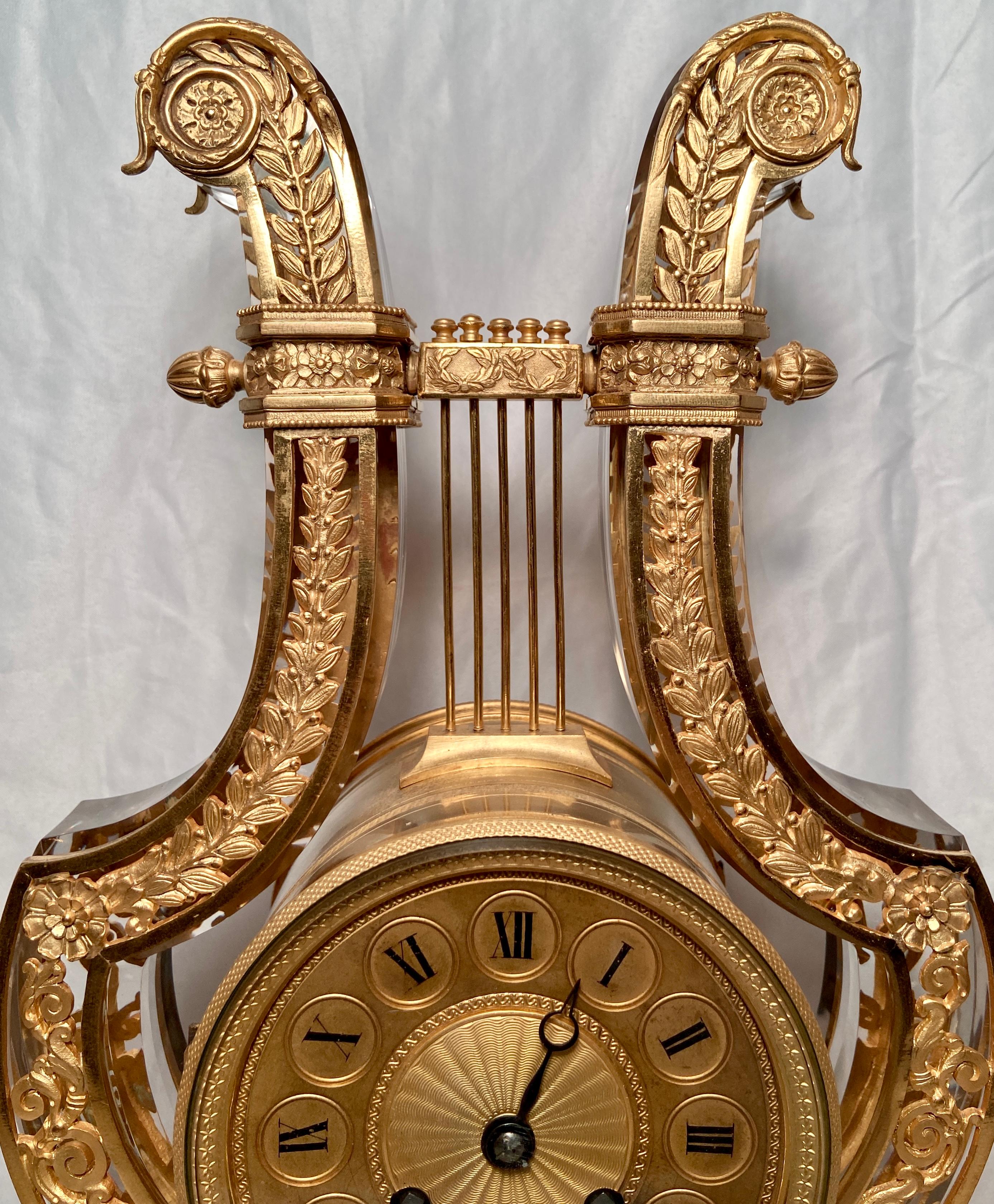 Antique 19th Century French exquisite ormolu and baccarat crystal lyre shaped clock.
