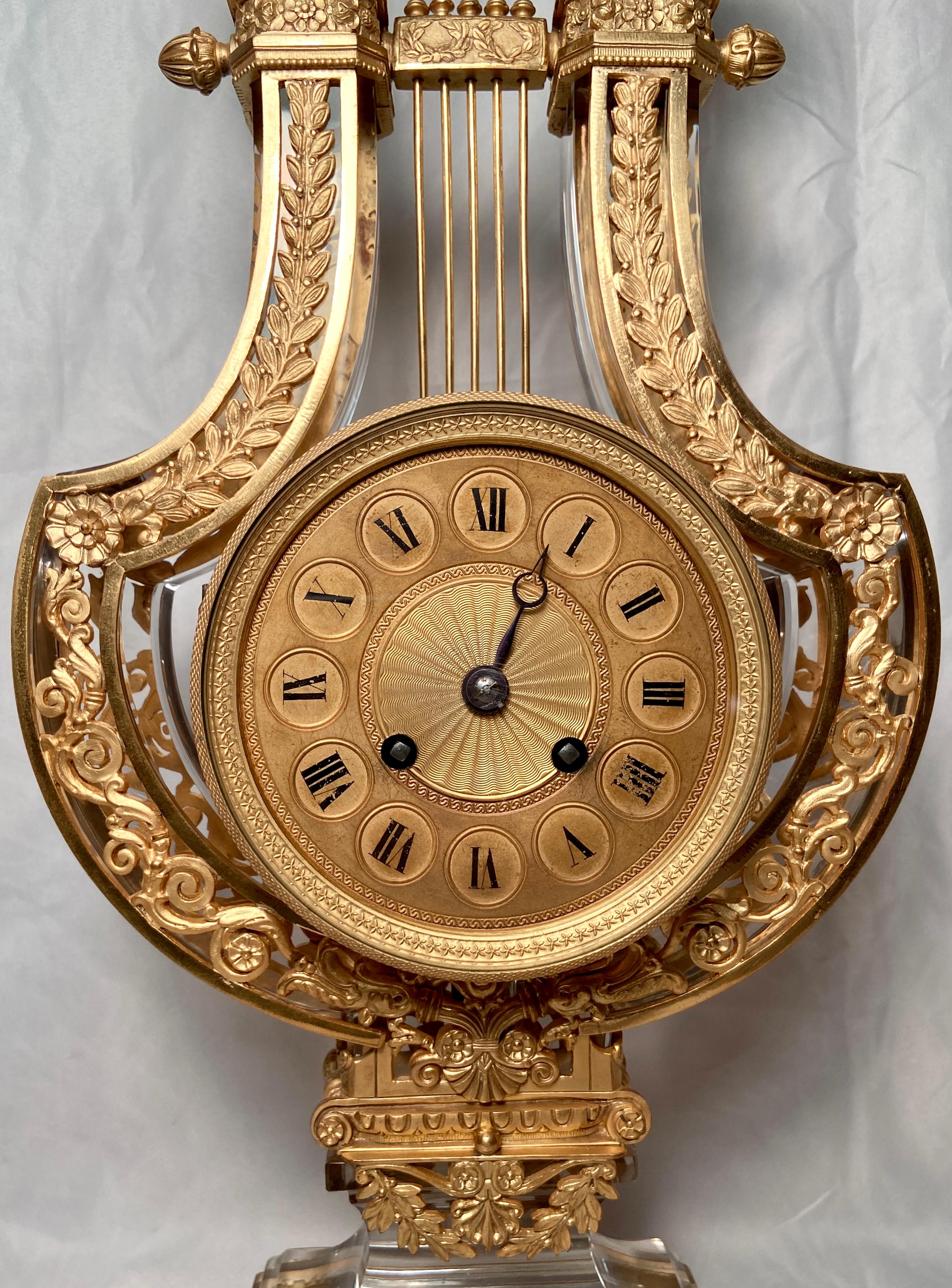 Antique 19th Century French Ormolu and Baccarat Crystal Lyre Shaped Clock 1