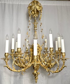 Antique French del XIX secolo, lampadario a 12 luci con perline in ormolu e cristallo