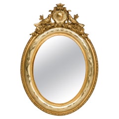 Antique 19th Century French Oval Gold Gilt Louis Philippe Mirror with Crest