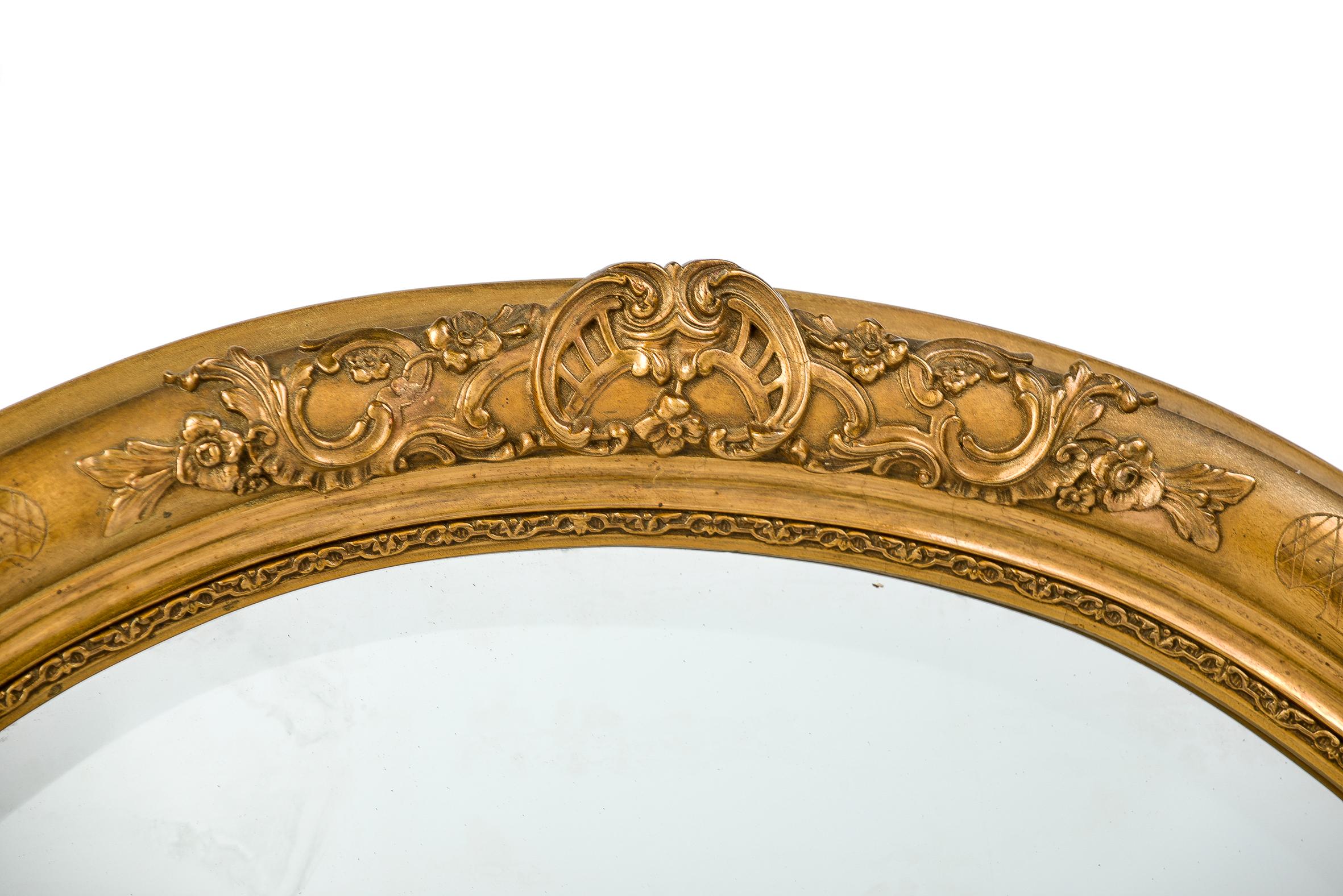 Antique 19th Century French Oval Gold Leaf Gilt Mirror with Faceted Glass 1