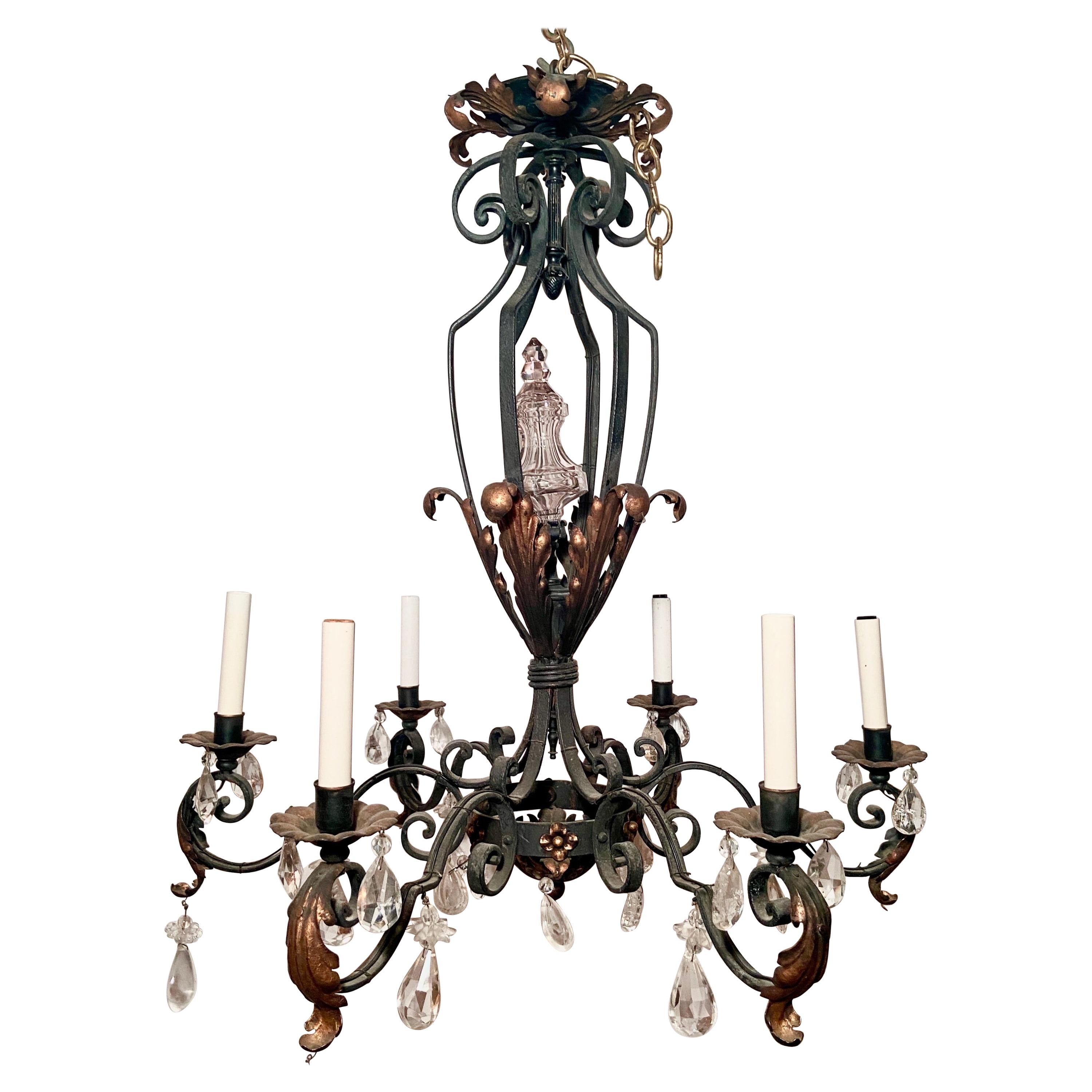 Antique 19th Century French Provincial Iron and Crystal Chandelier For Sale