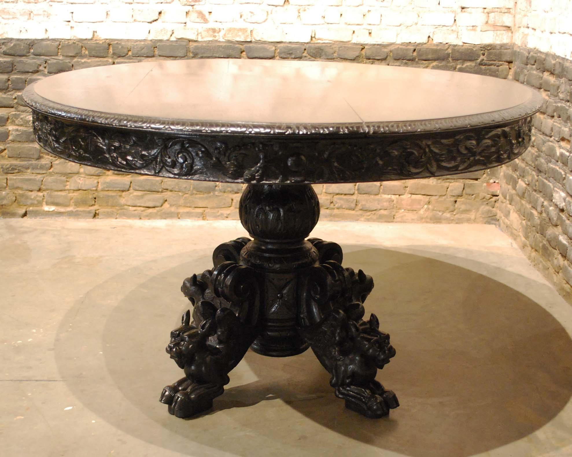 Antique 19th Century French Renaissance Black Hand Carved Oak Dining Table 1