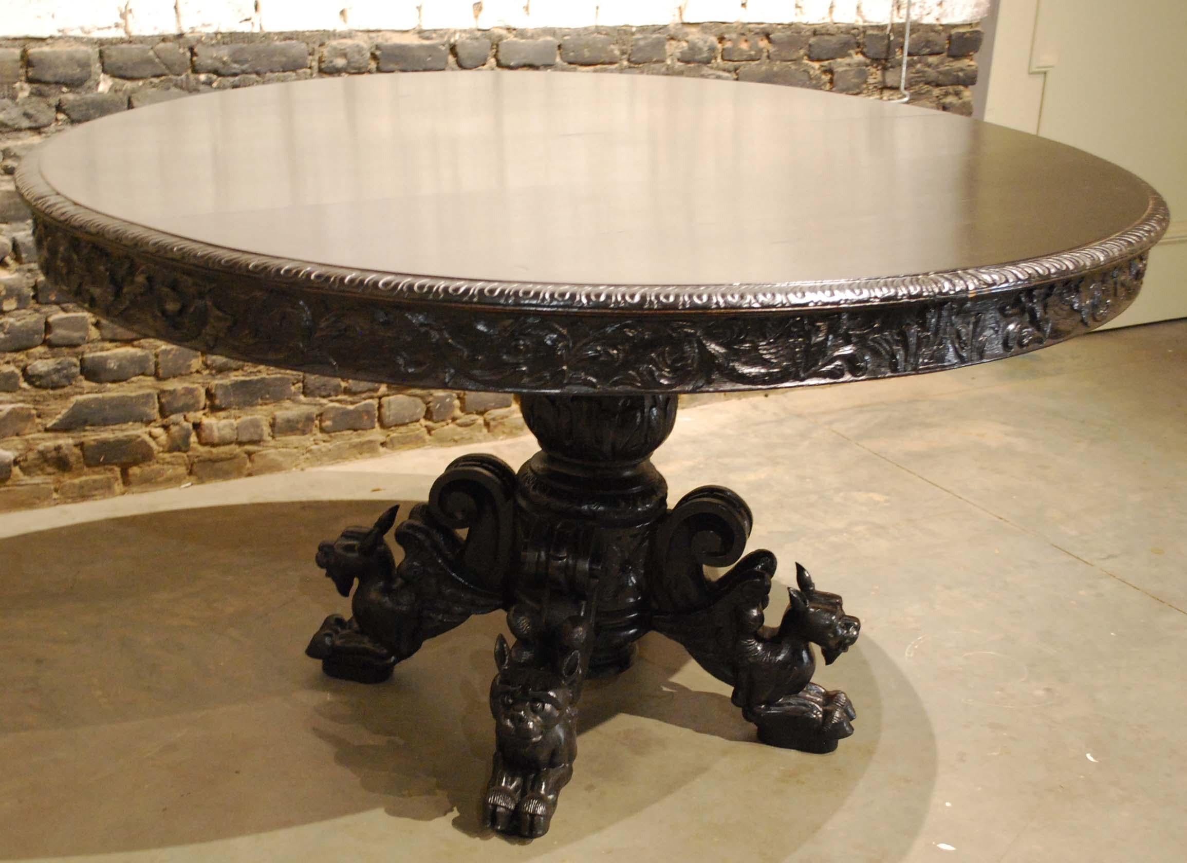 Antique 19th Century French Renaissance Black Hand Carved Oak Dining Table 2