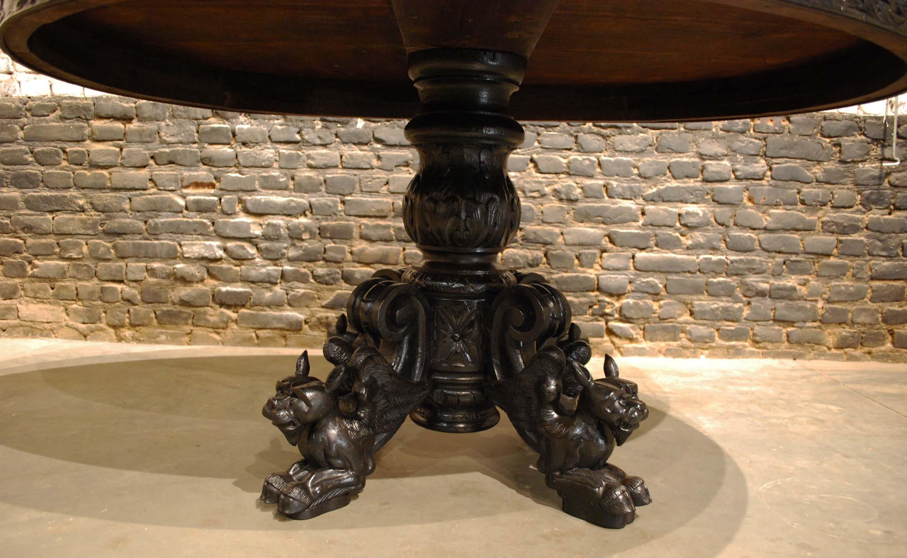 Antique 19th Century French Renaissance Black Hand Carved Oak Dining Table 6