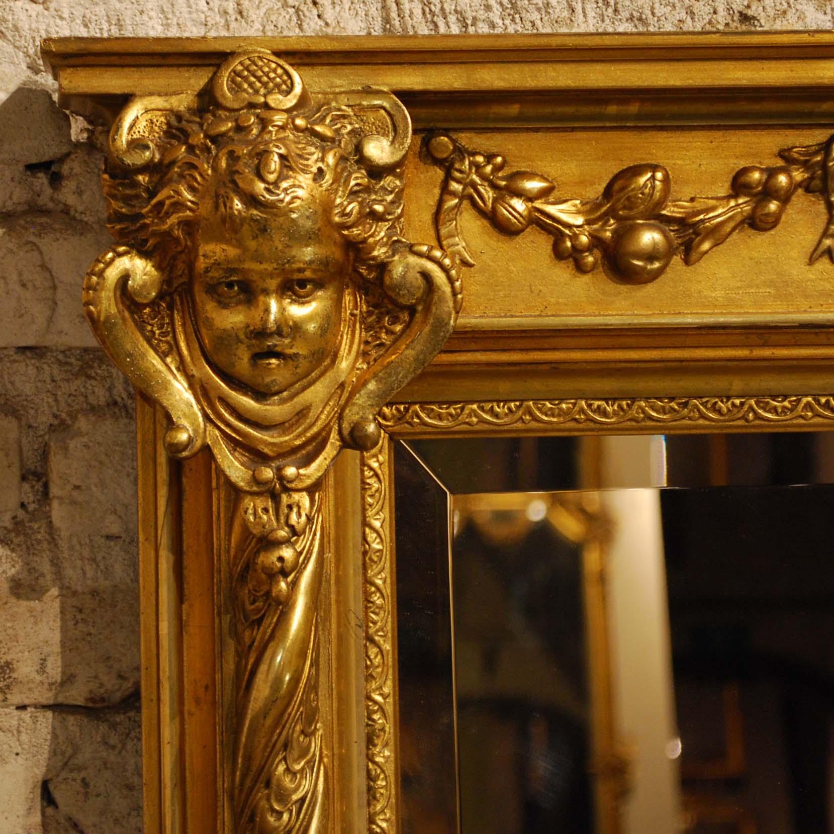 Gesso Antique 19th Century French Renaissance Rectangular Mirror with Cherubs