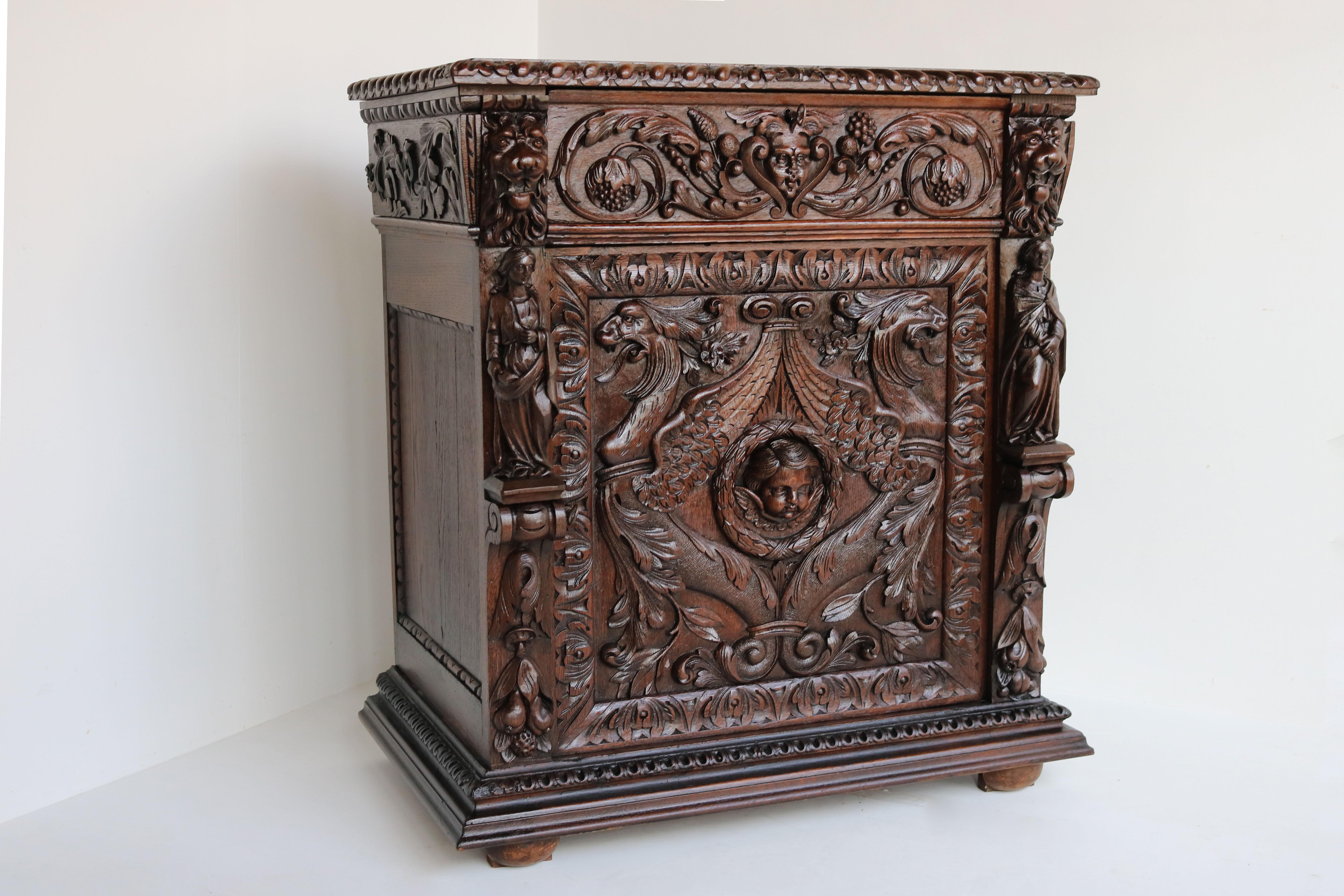 Antique 19th Century French Renaissance Revival Cabinet Lions Dragons Carved Oak 14