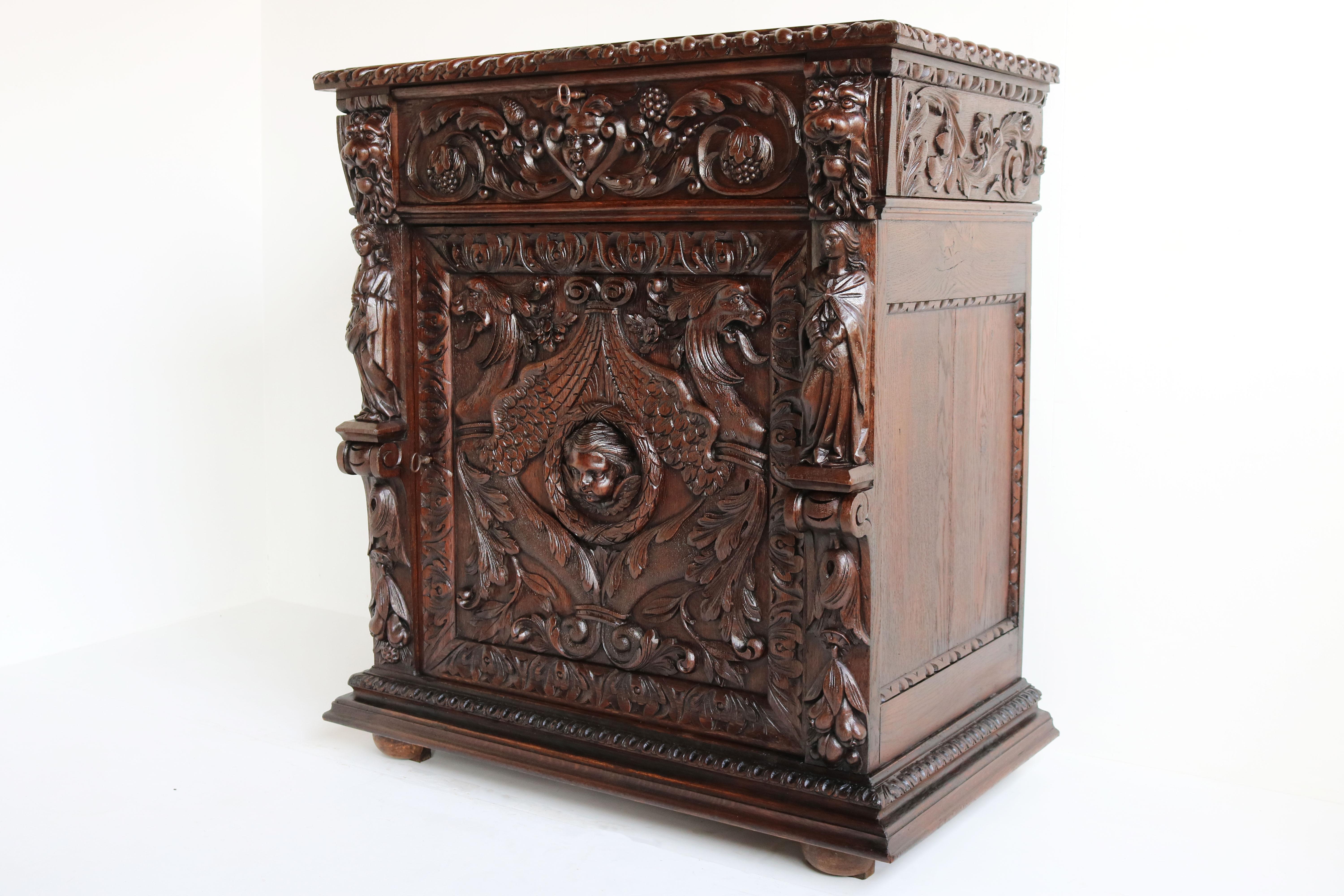 Antique 19th Century French Renaissance Revival Cabinet Lions Dragons Carved Oak 2