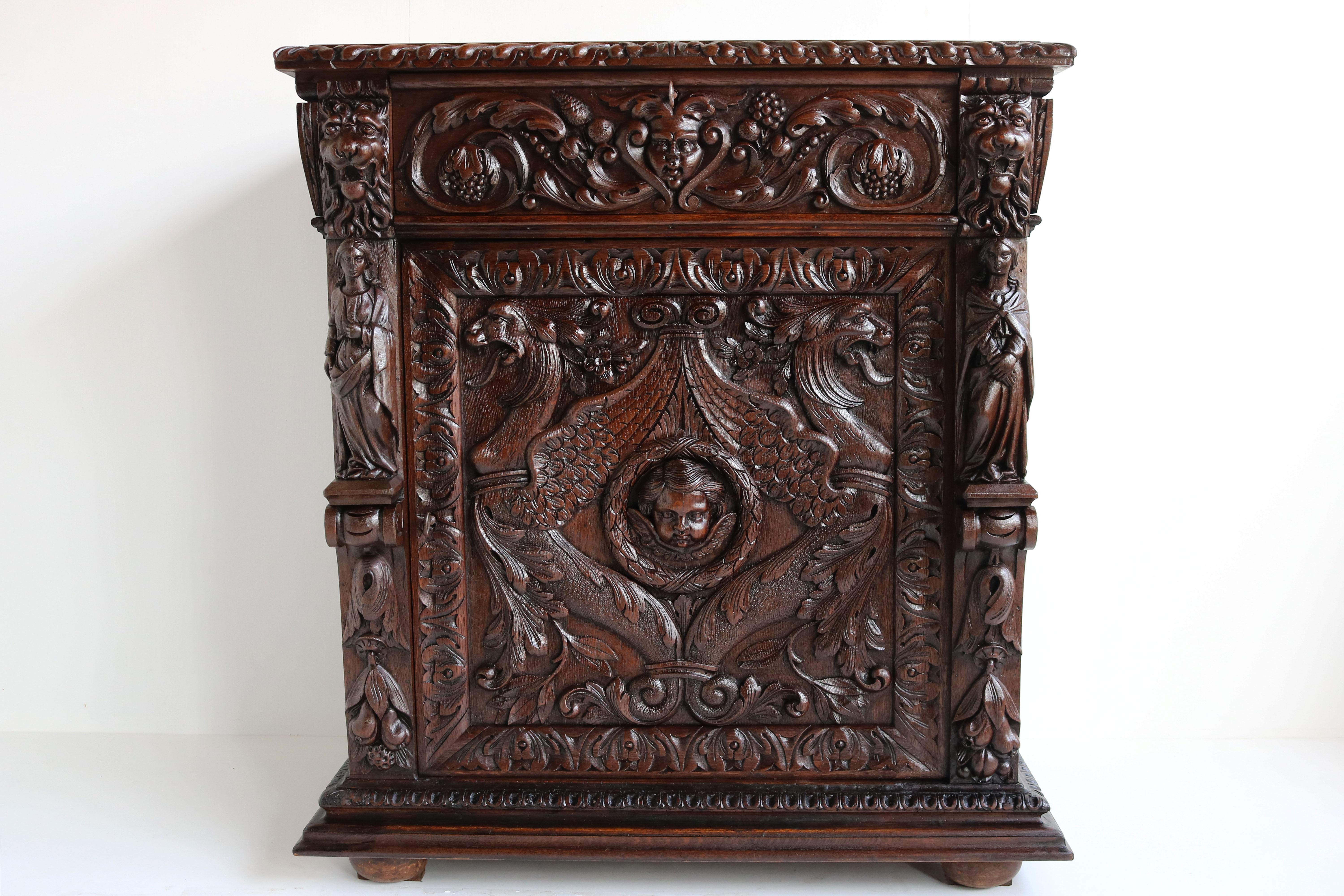 Antique 19th Century French Renaissance Revival Cabinet Lions Dragons Carved Oak 3