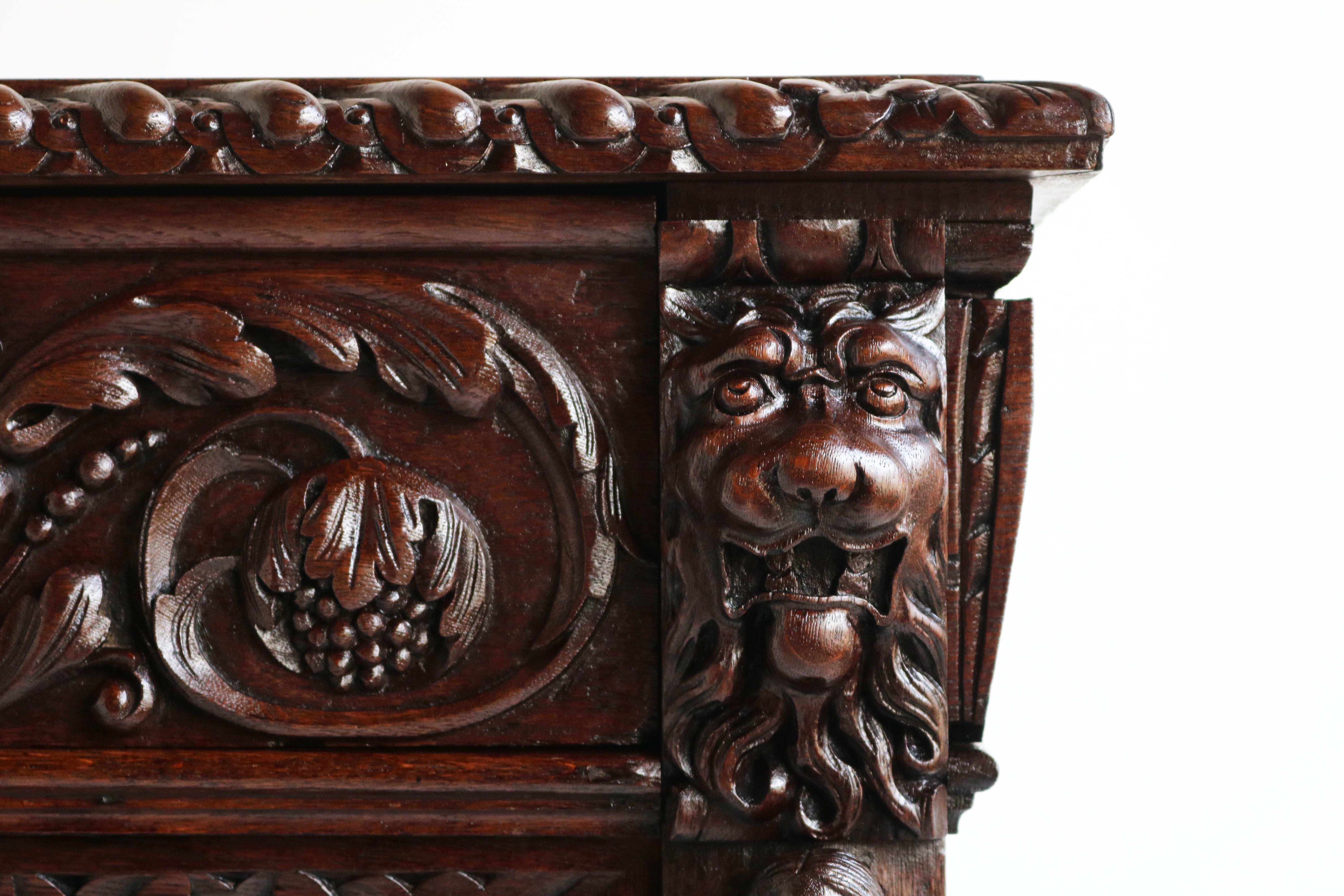 Antique 19th Century French Renaissance Revival Cabinet Lions Dragons Carved Oak 4