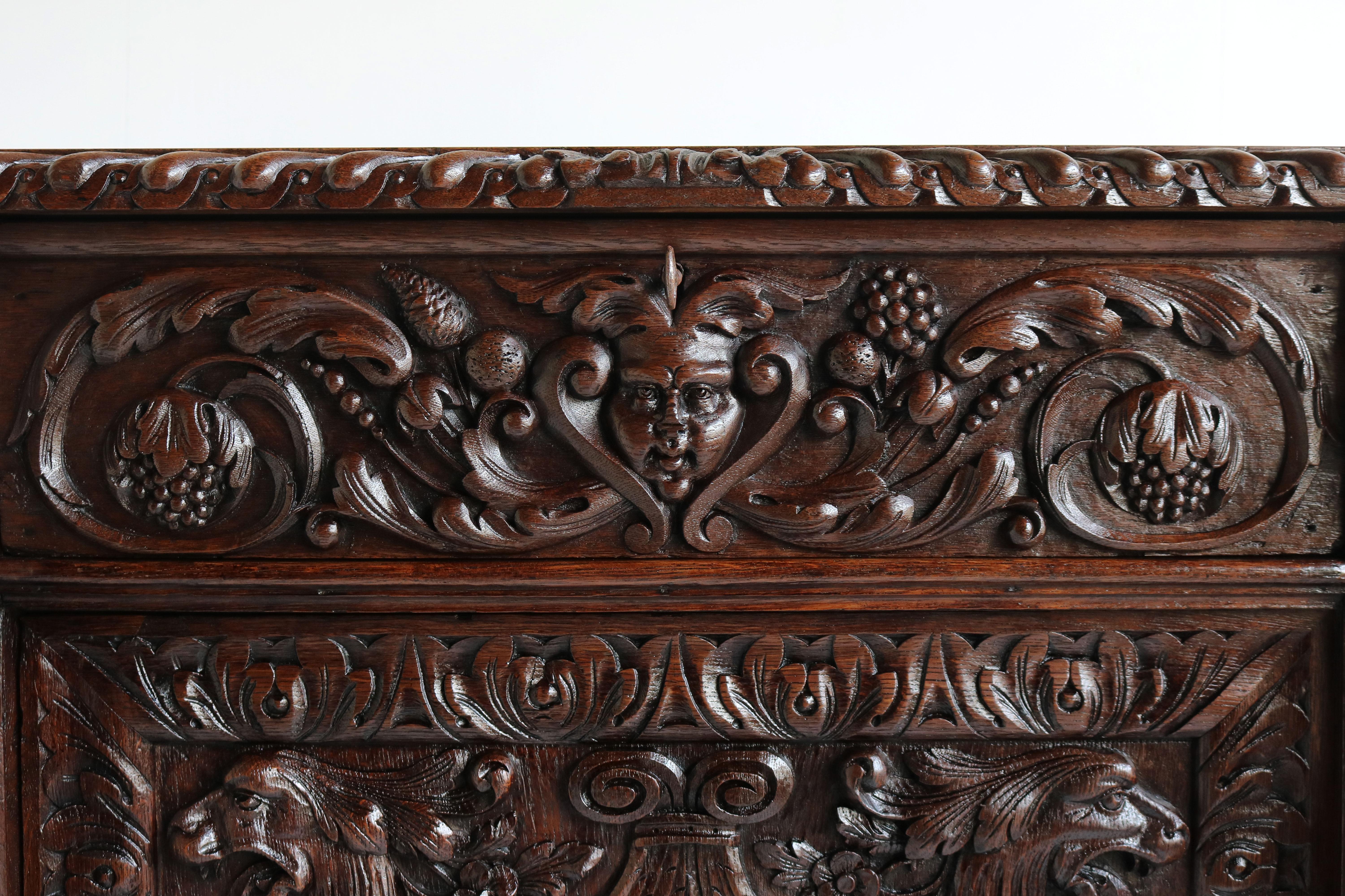 Antique 19th Century French Renaissance Revival Cabinet Lions Dragons Carved Oak 6