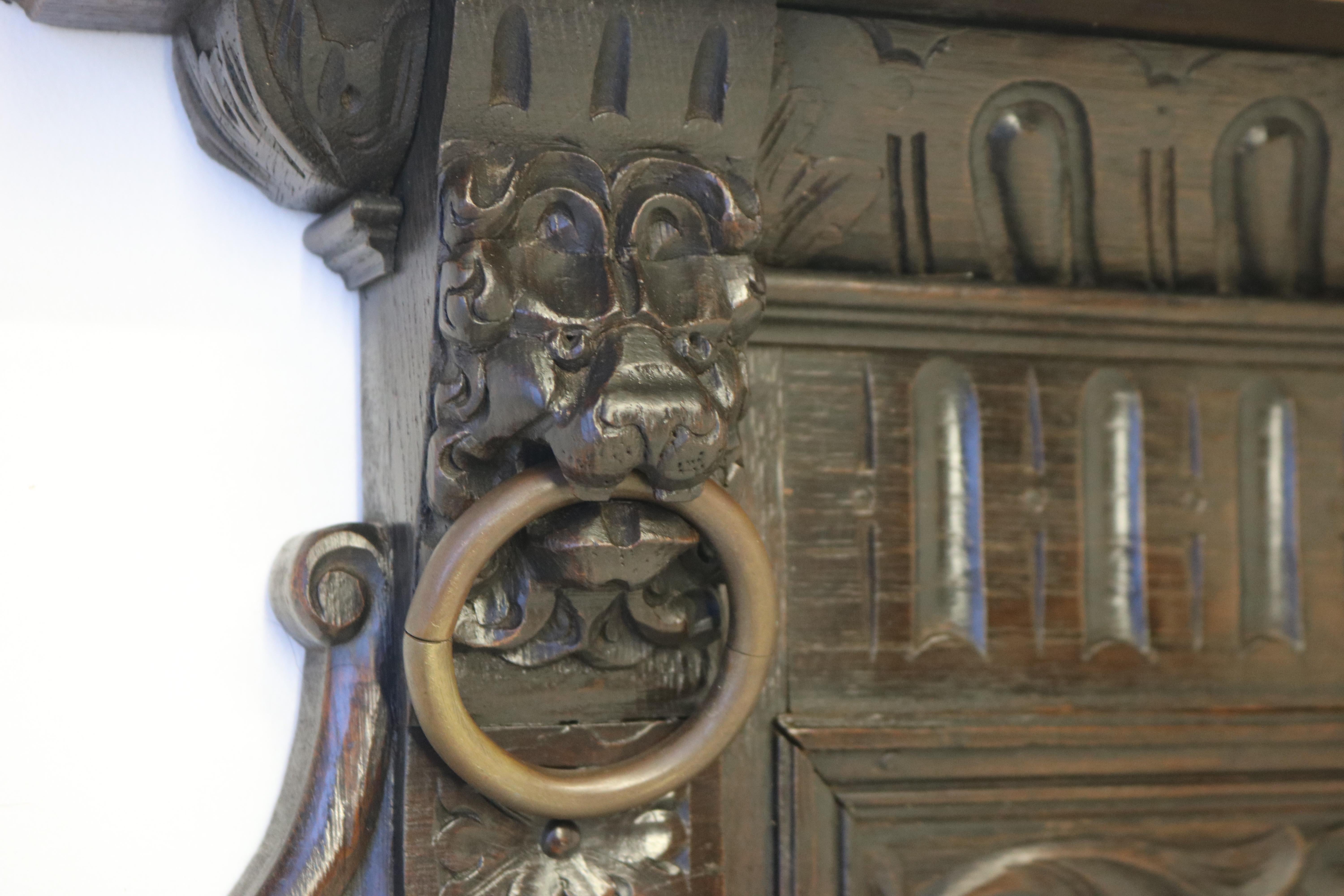 Hand-Carved Antique 19th Century French Renaissance Revival Coat Rack Hallway Lion Masks Oak For Sale