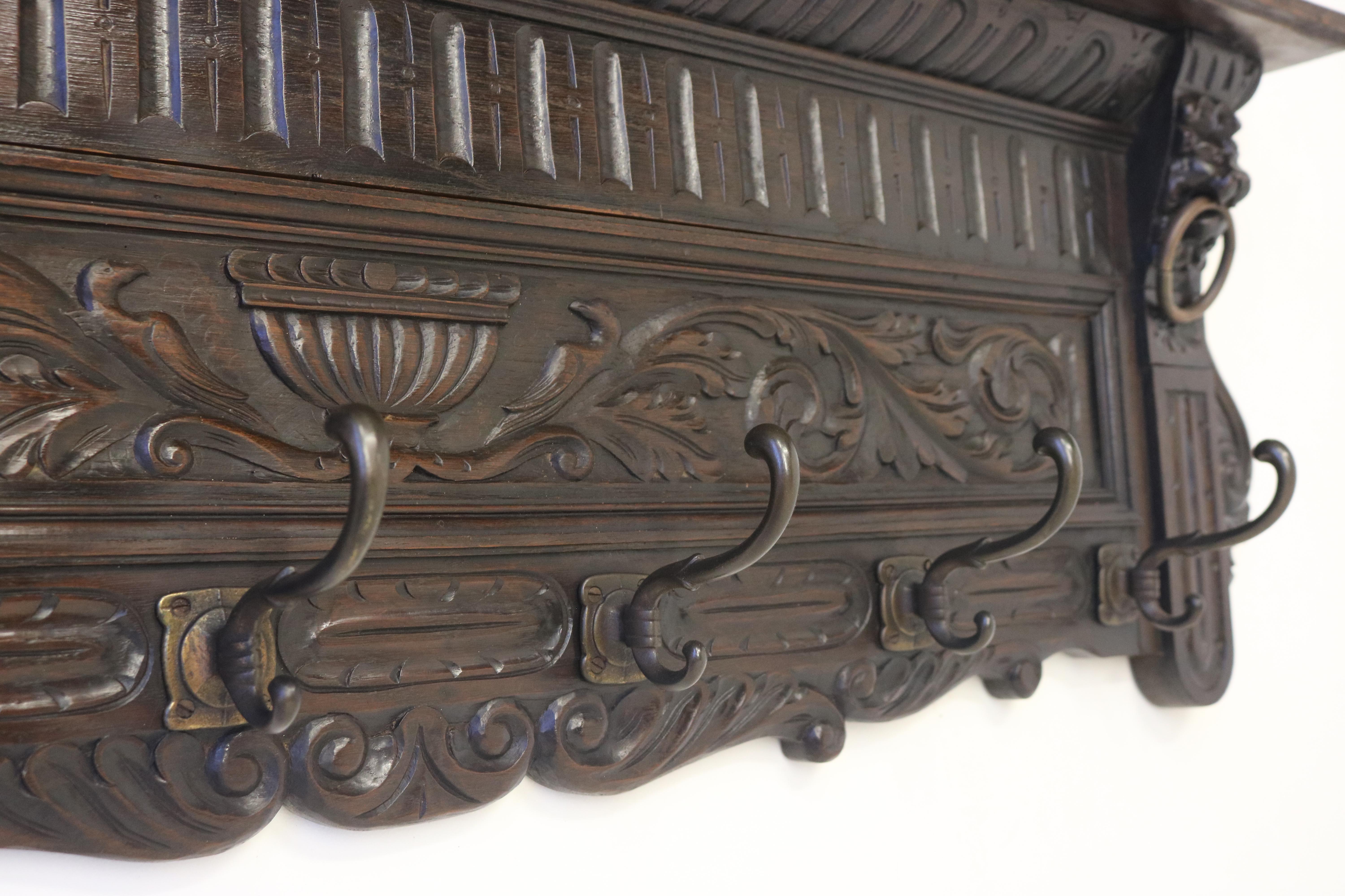 Antique 19th Century French Renaissance Revival Coat Rack Hallway Lion Masks Oak For Sale 1
