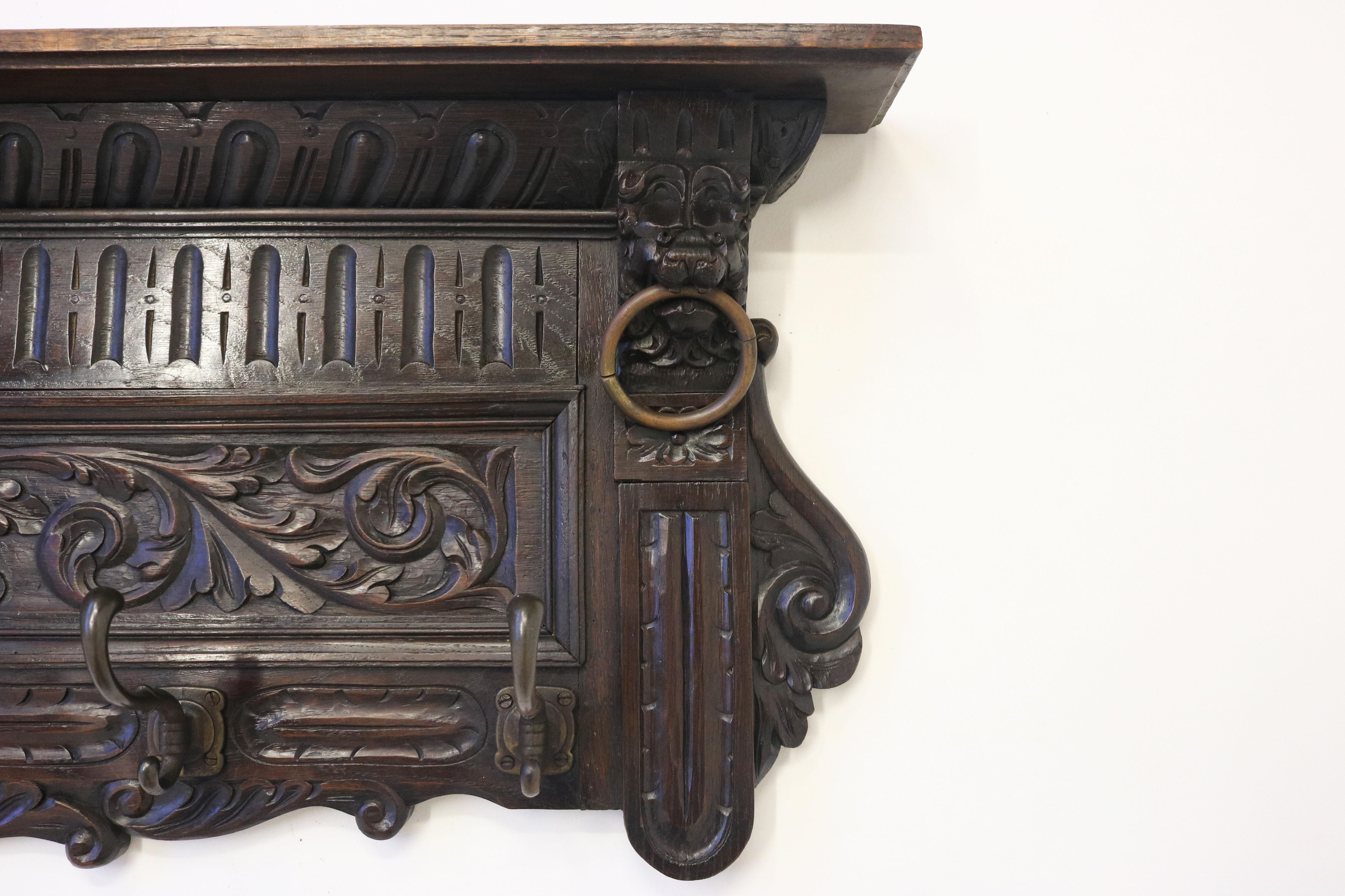 Antique 19th Century French Renaissance Revival Coat Rack Hallway Lion Masks Oak For Sale 2