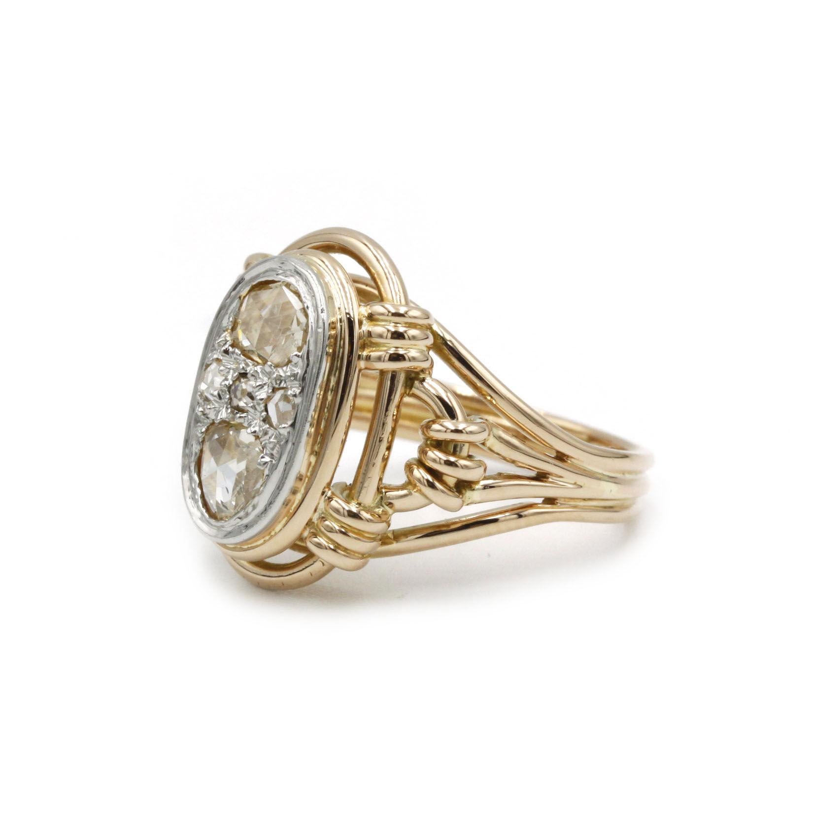 Elevate your vintage jewelry collection with this exquisite antique French rose-cut diamond ring, expertly crafted in the 19th century. Set in warm 18K yellow gold, the piece features five delicately faceted rose-cut diamonds arranged in a linear,