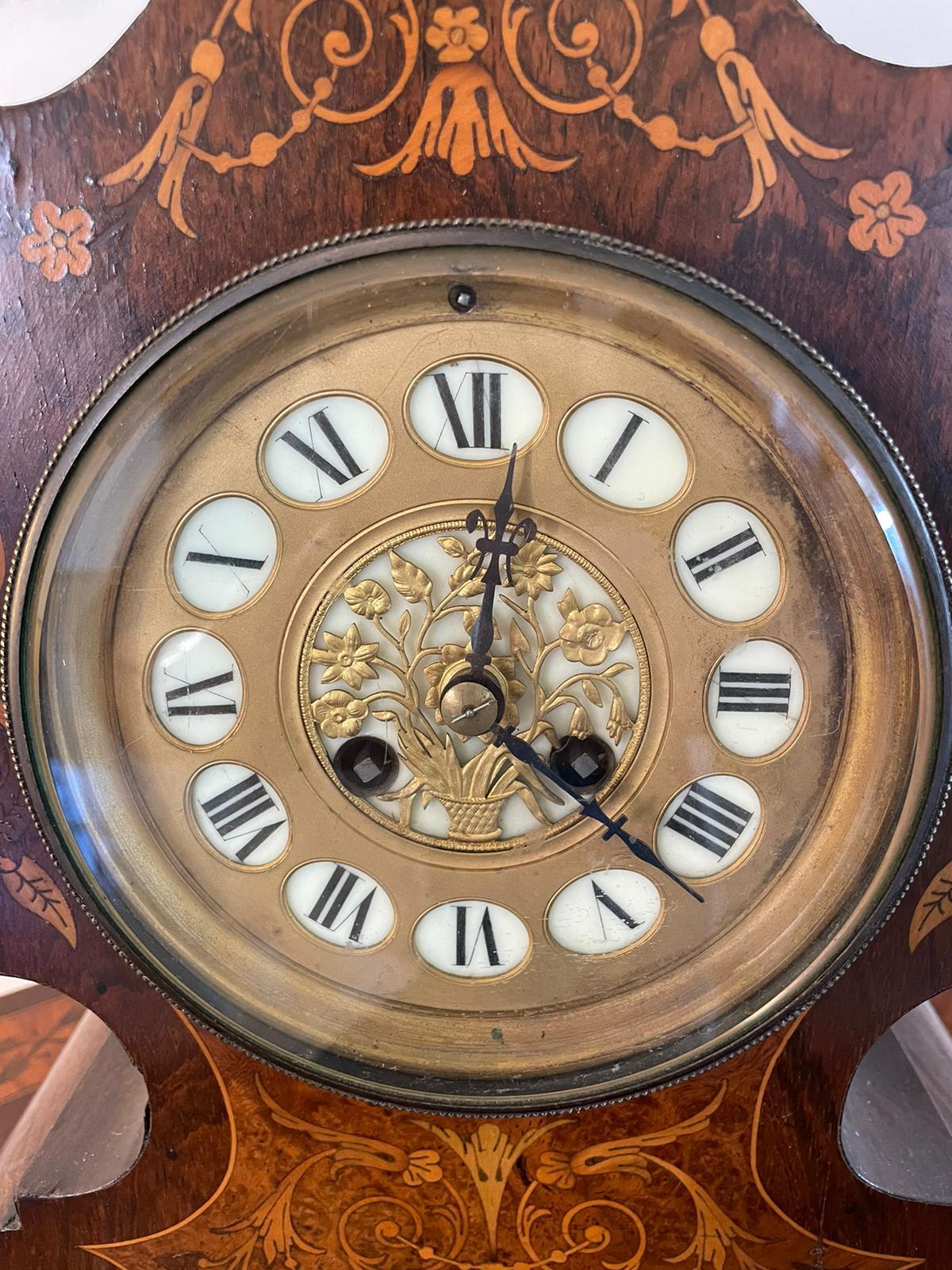 Antique 19th Century French Rosewood Marquetry Inlaid Eight Day Mantel Clock In Good Condition For Sale In Suffolk, GB