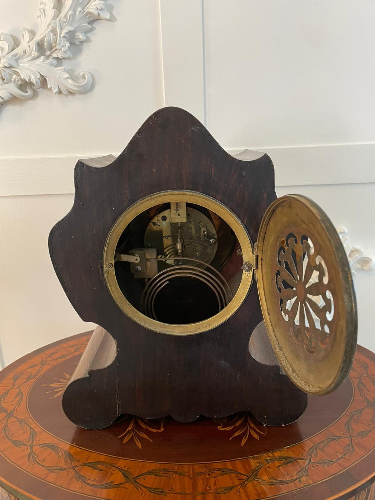 Antique 19th Century French Rosewood Marquetry Inlaid Eight Day Mantel Clock For Sale 1