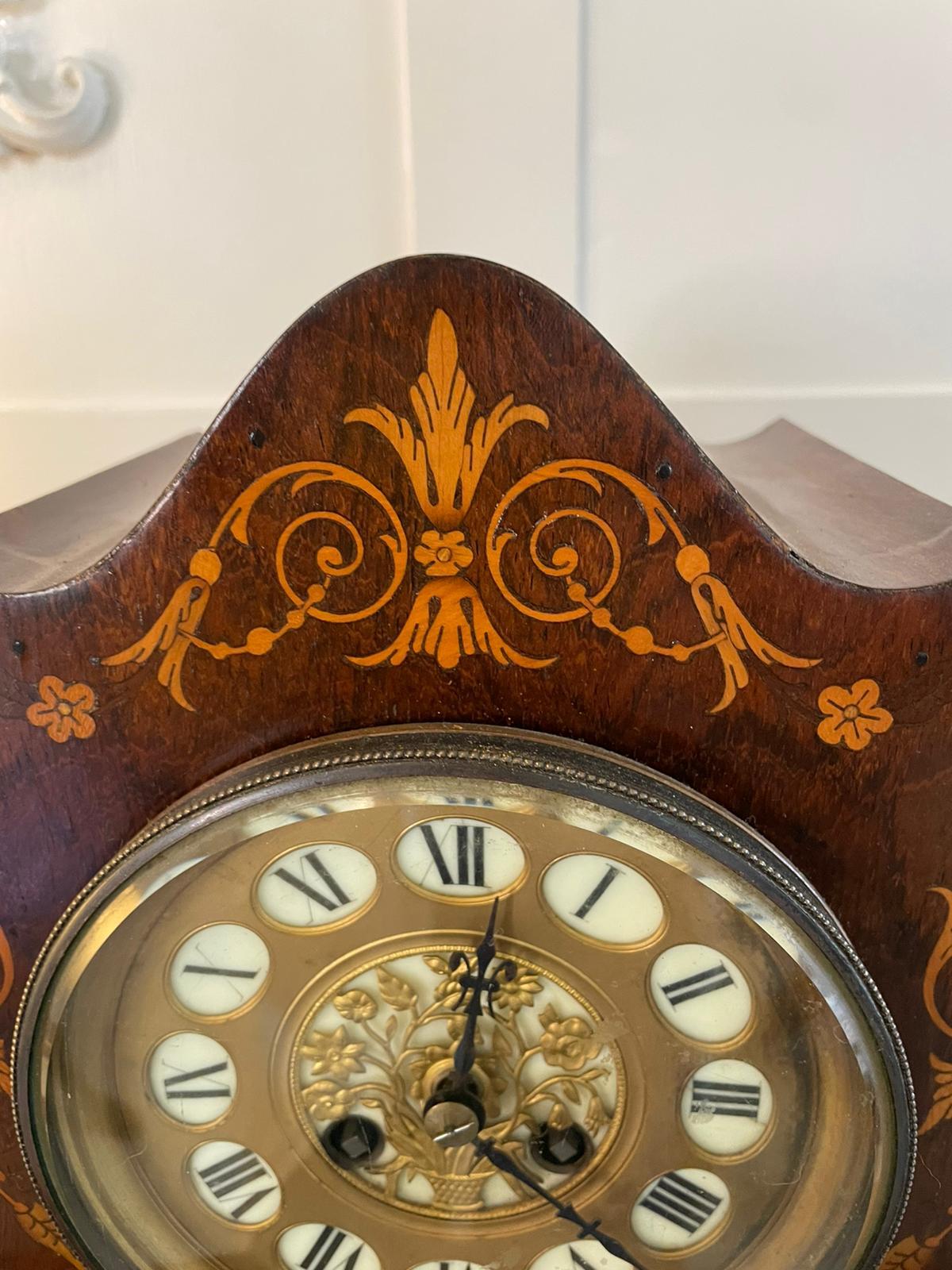 Antique 19th Century French Rosewood Marquetry Inlaid Eight Day Mantel Clock For Sale 3