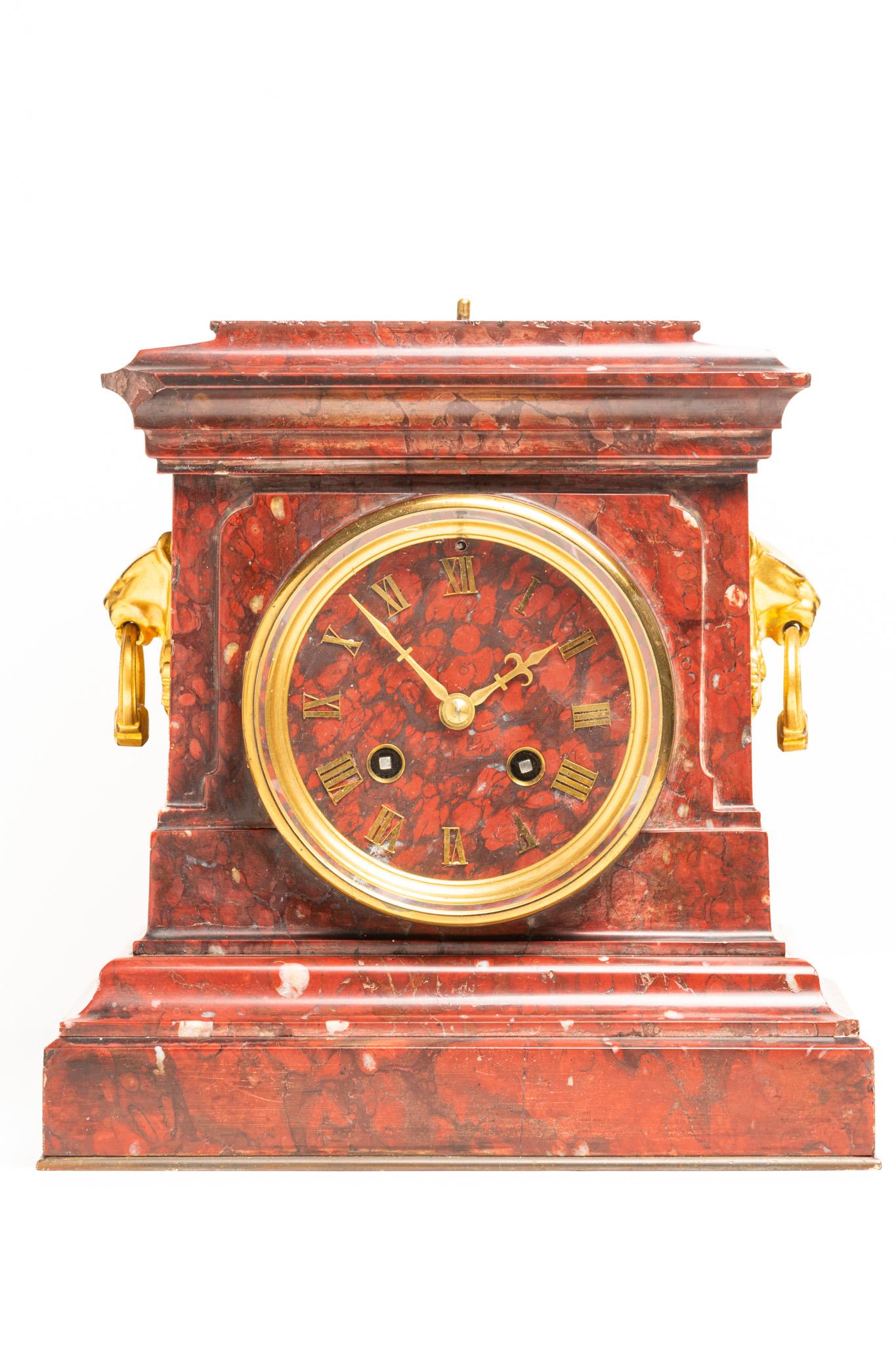 Antique 19th Century French Rouge Marble Mantle Clock by Japy Frères For Sale 7