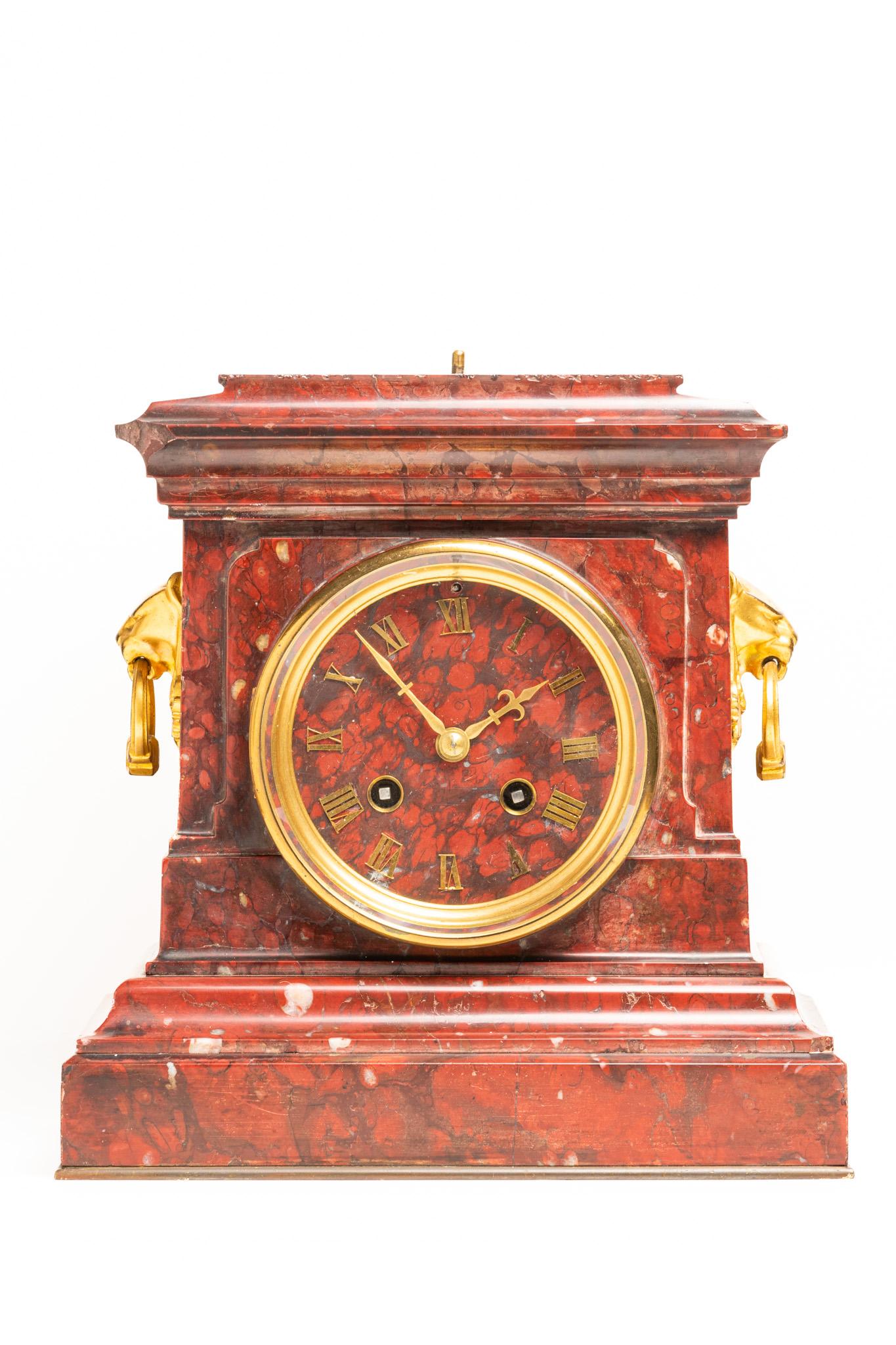 Antique 19th Century French Rouge Marble Mantle Clock by Japy Frères For Sale 8
