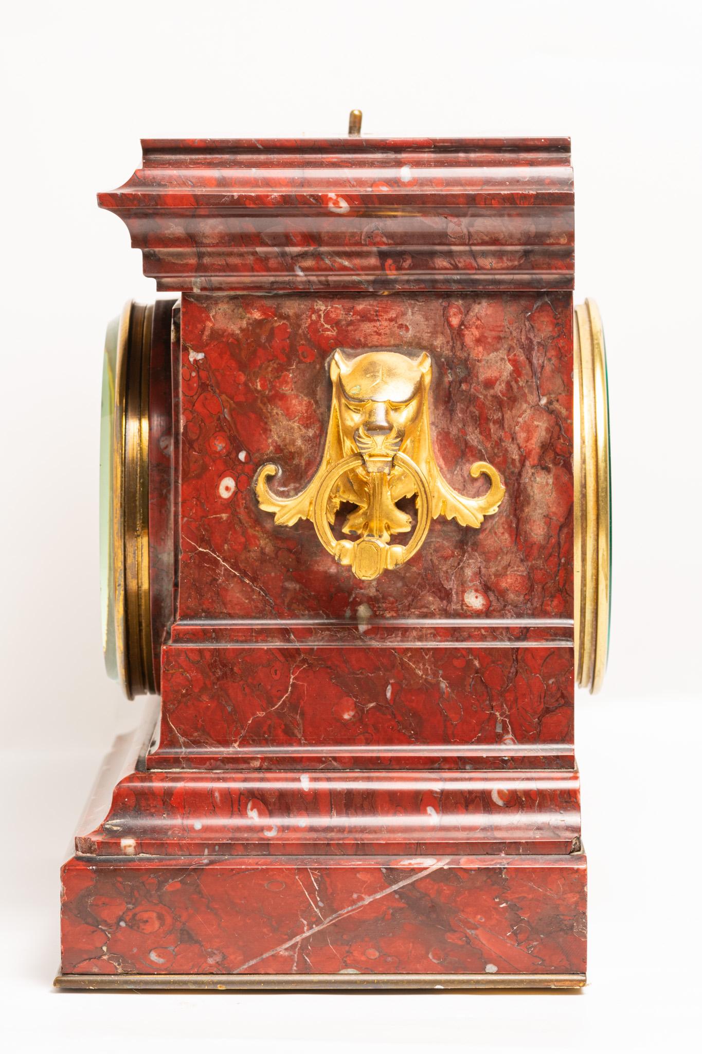 Antique 19th Century French Rouge Marble Mantle Clock by Japy Frères For Sale 9