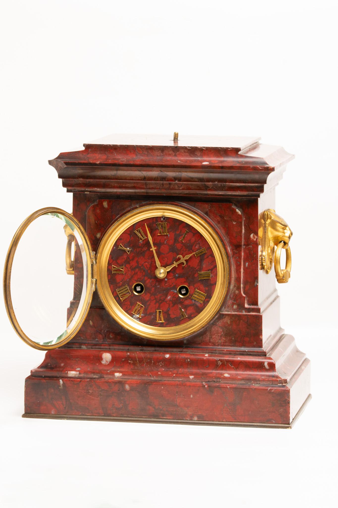 Antique 19th Century French Rouge Marble Mantle Clock by Japy Frères For Sale 3