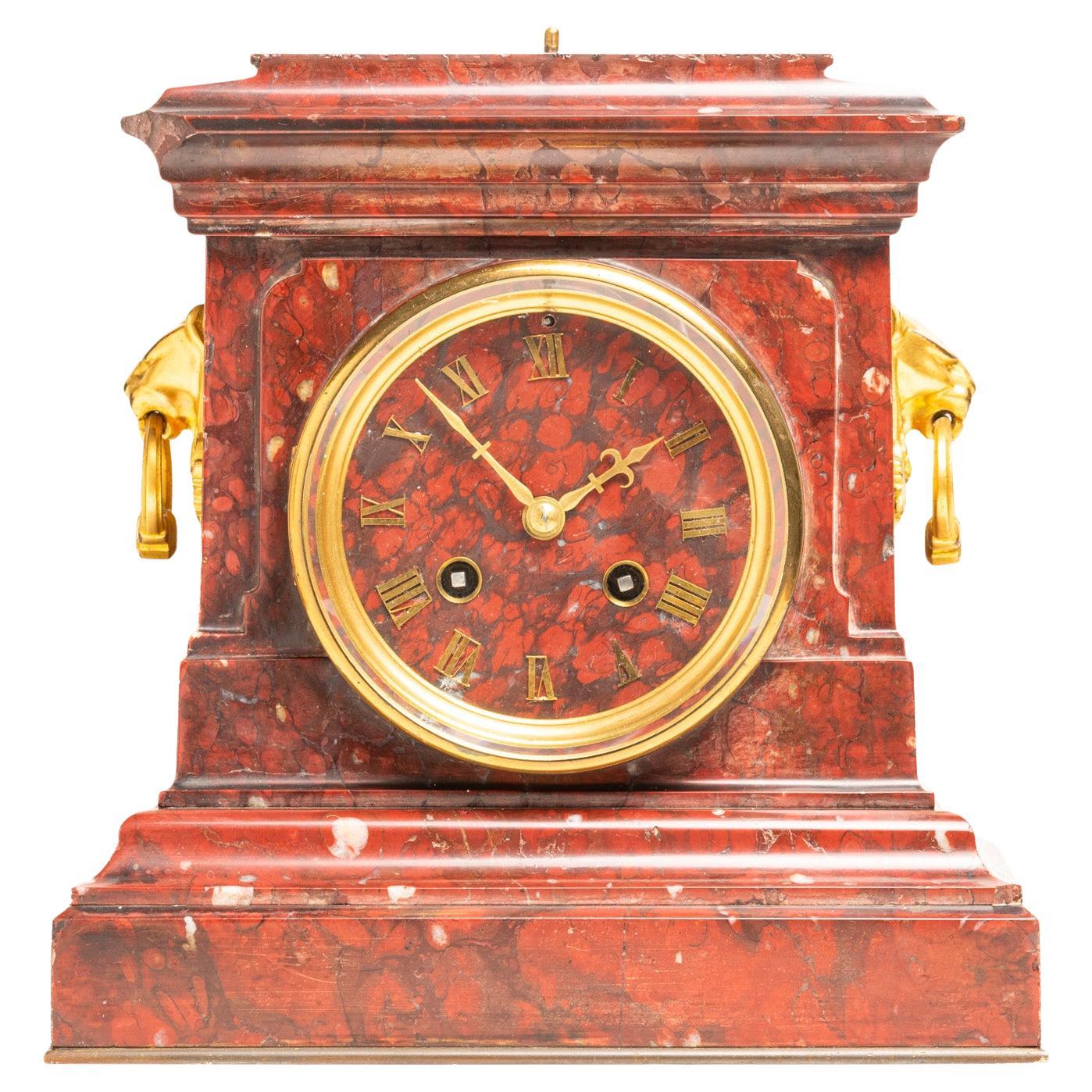 Antique 19th Century French Rouge Marble Mantle Clock by Japy Frères