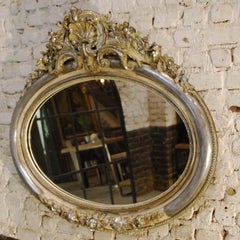 Antique 19th Century French Silver Leaf Gilt Oval Mirror with Crest
