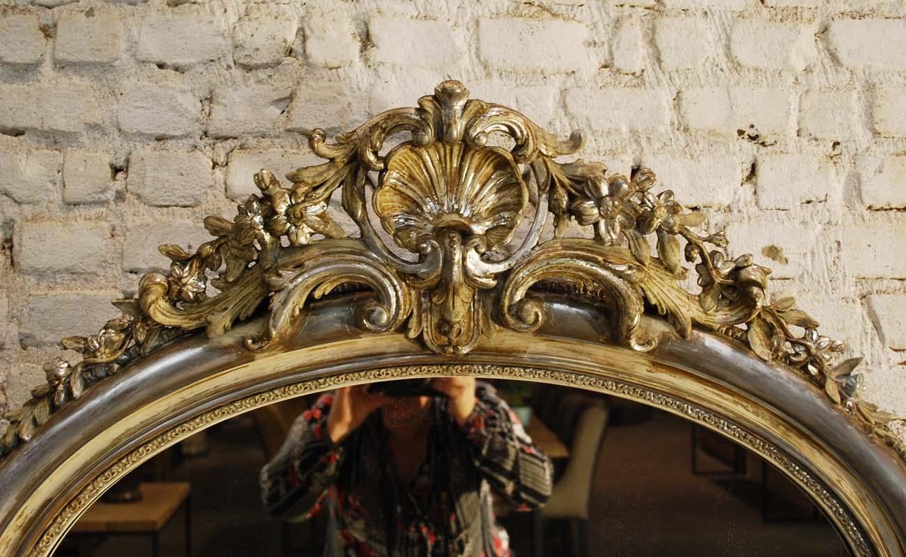 Louis Philippe Antique 19th Century French Silver Leaf Gilt Oval Mirror with Crest